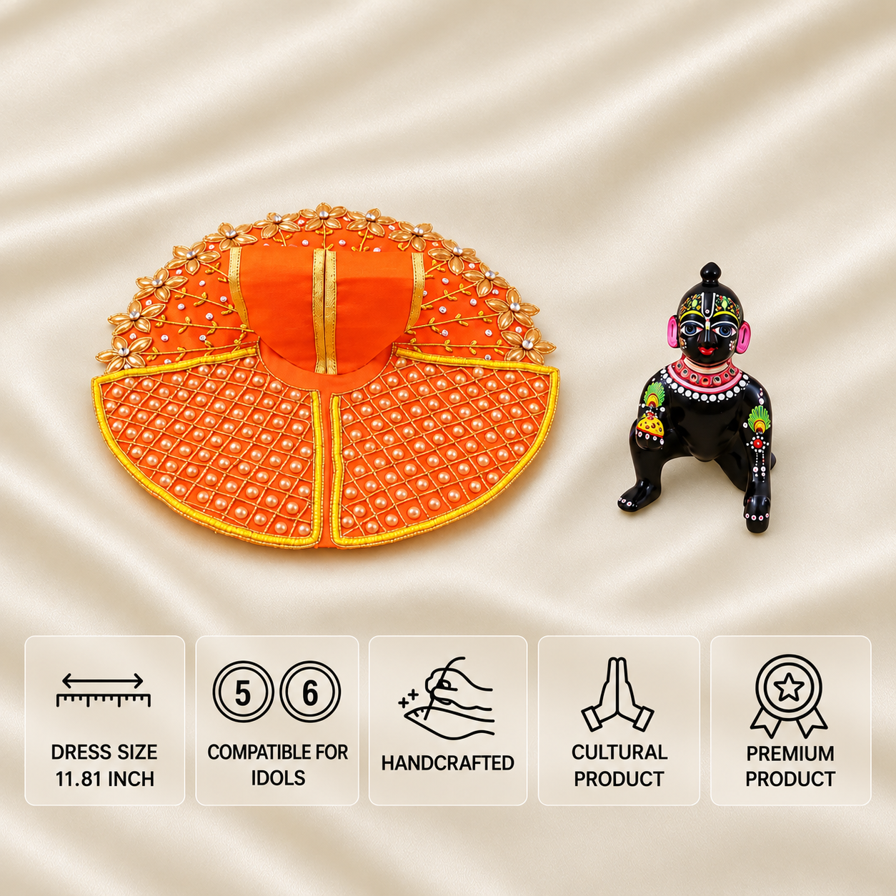 Orange Laddu Gopal dress for 5 and 6 number idols with pearl work, floral embroidery and golden detailing.