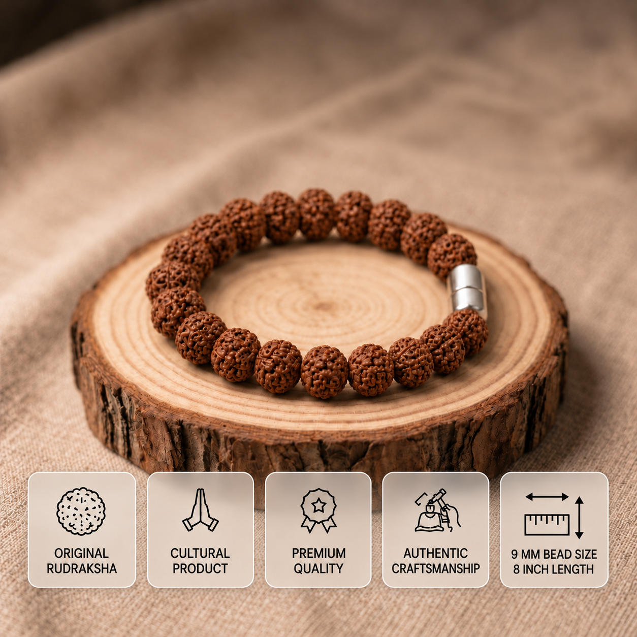 Detailed natural texture of original 8 Mukhi Rudraksha beads showing authentic natural face lines