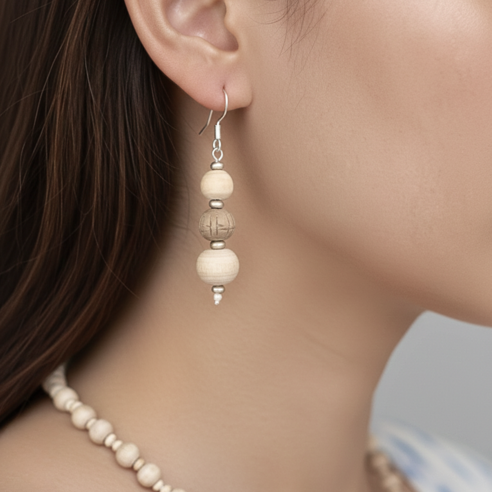original silver dangle earrings with authentic Tulsi wood beads