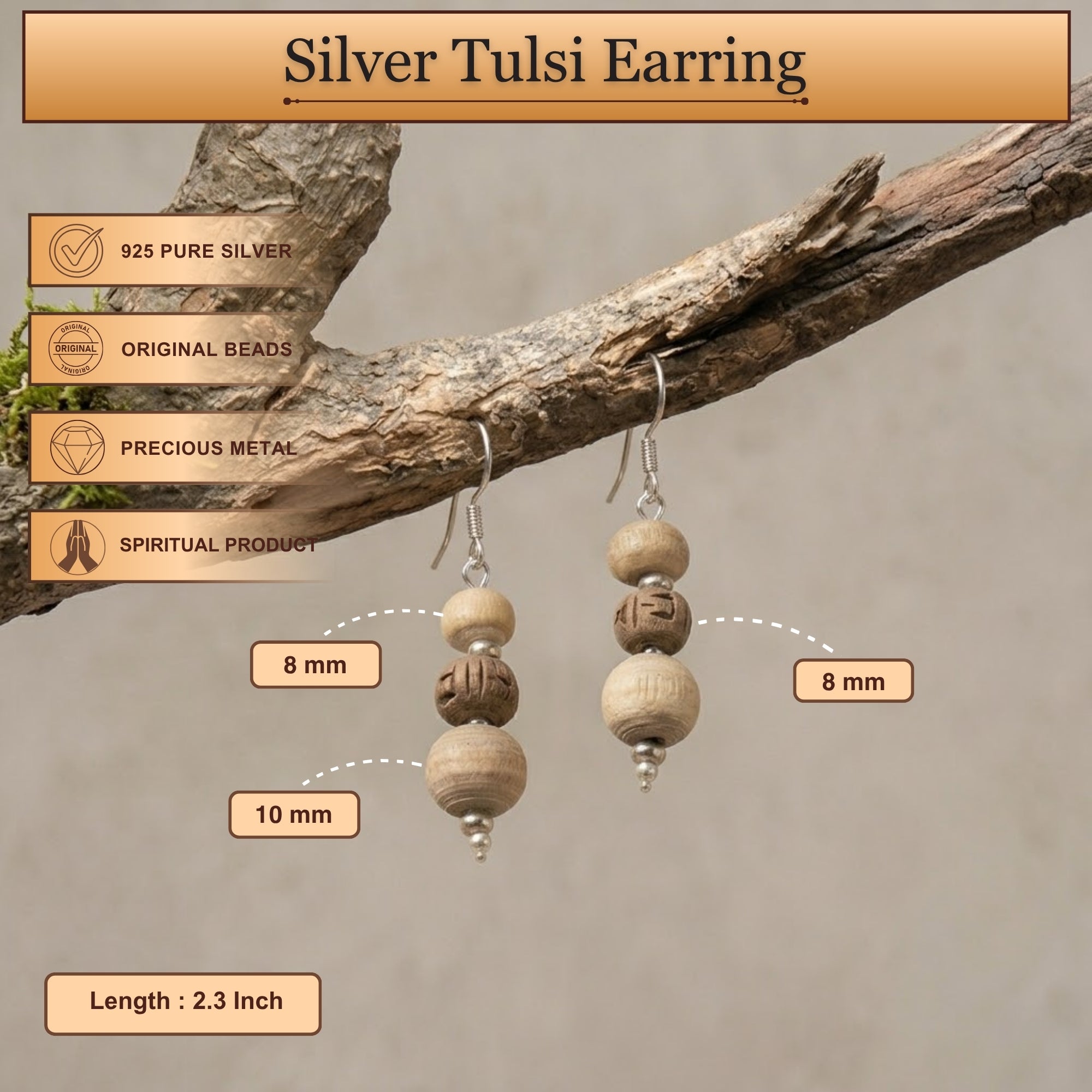 Length and size dimensions of the original silver and authentic Tulsi bead earrings