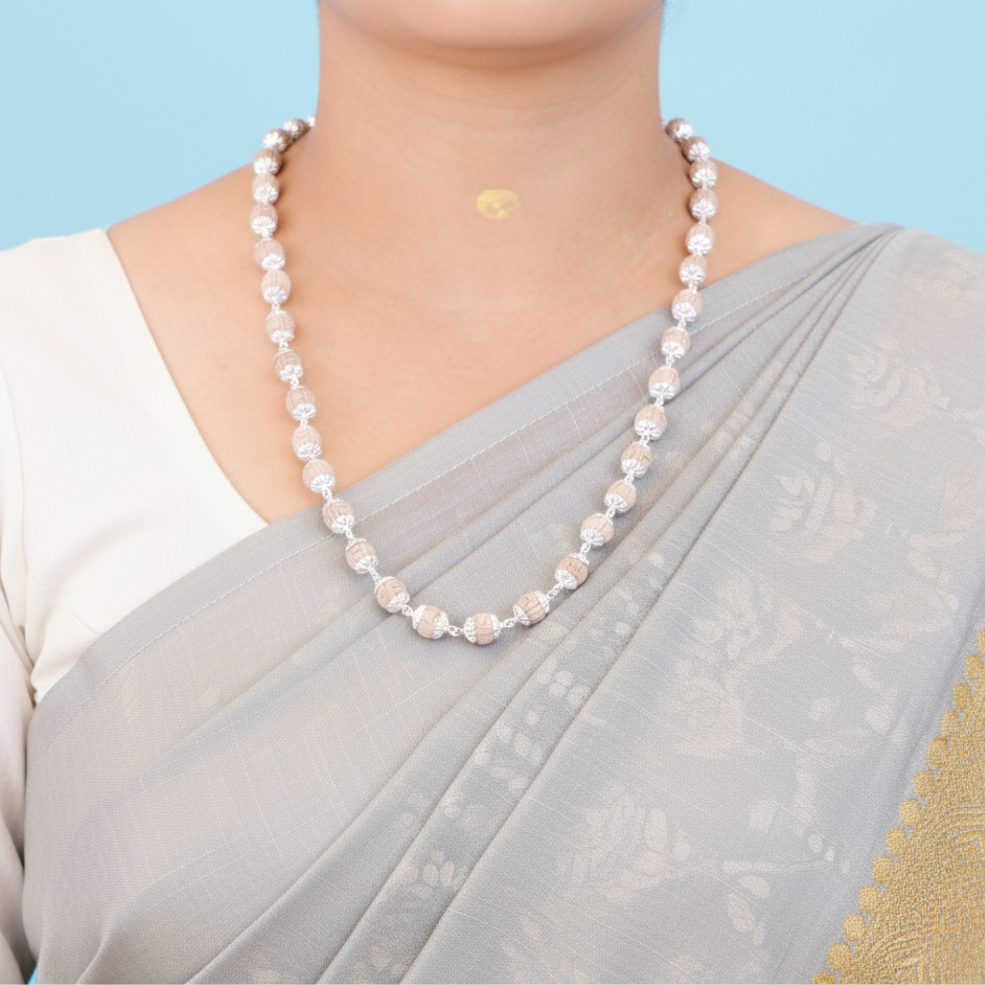 original silver Tulsi Kanthi Mala with hand carved wood beads