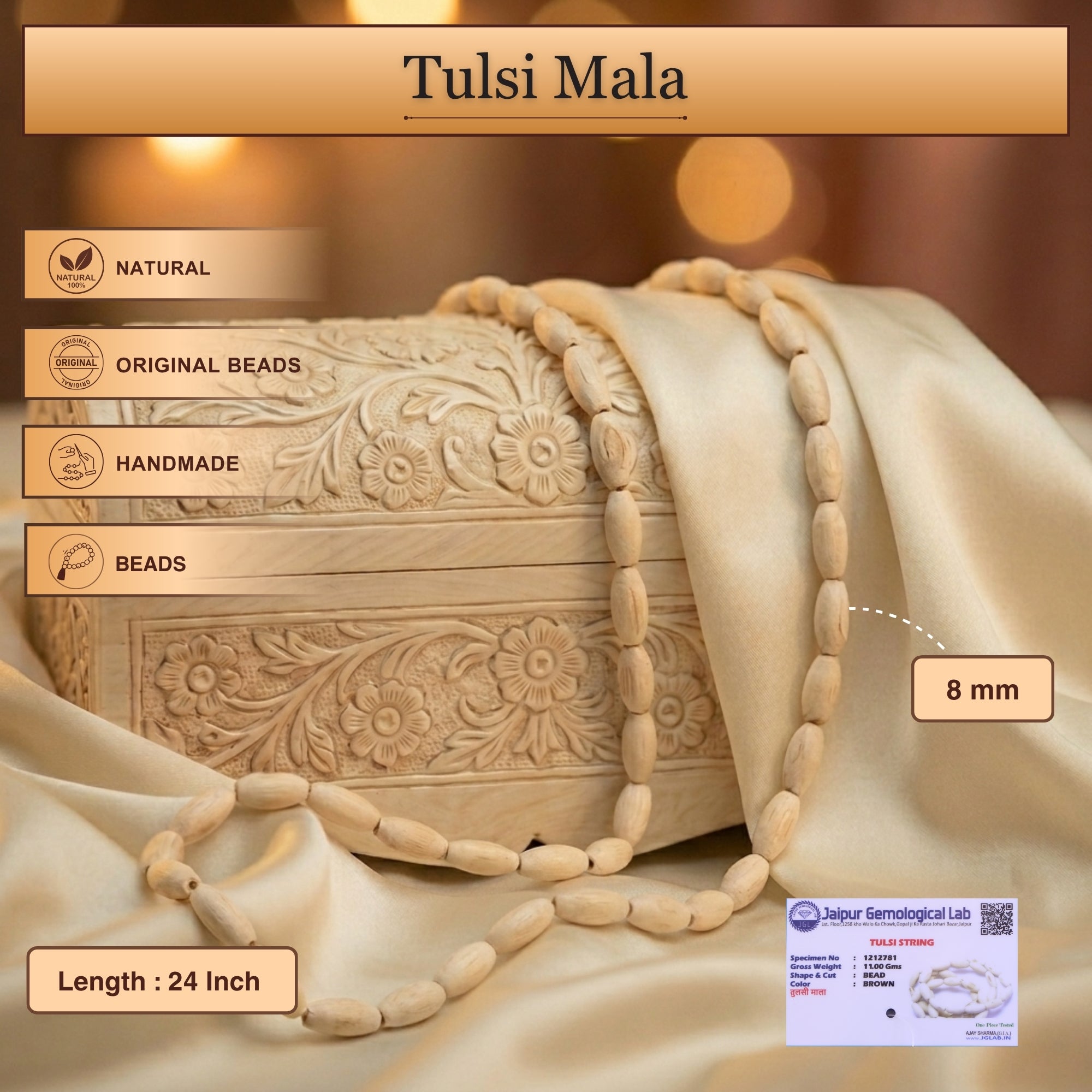 Length and bead size details of the authentic oval shaped Mathura Tulsi wood kanthi mala