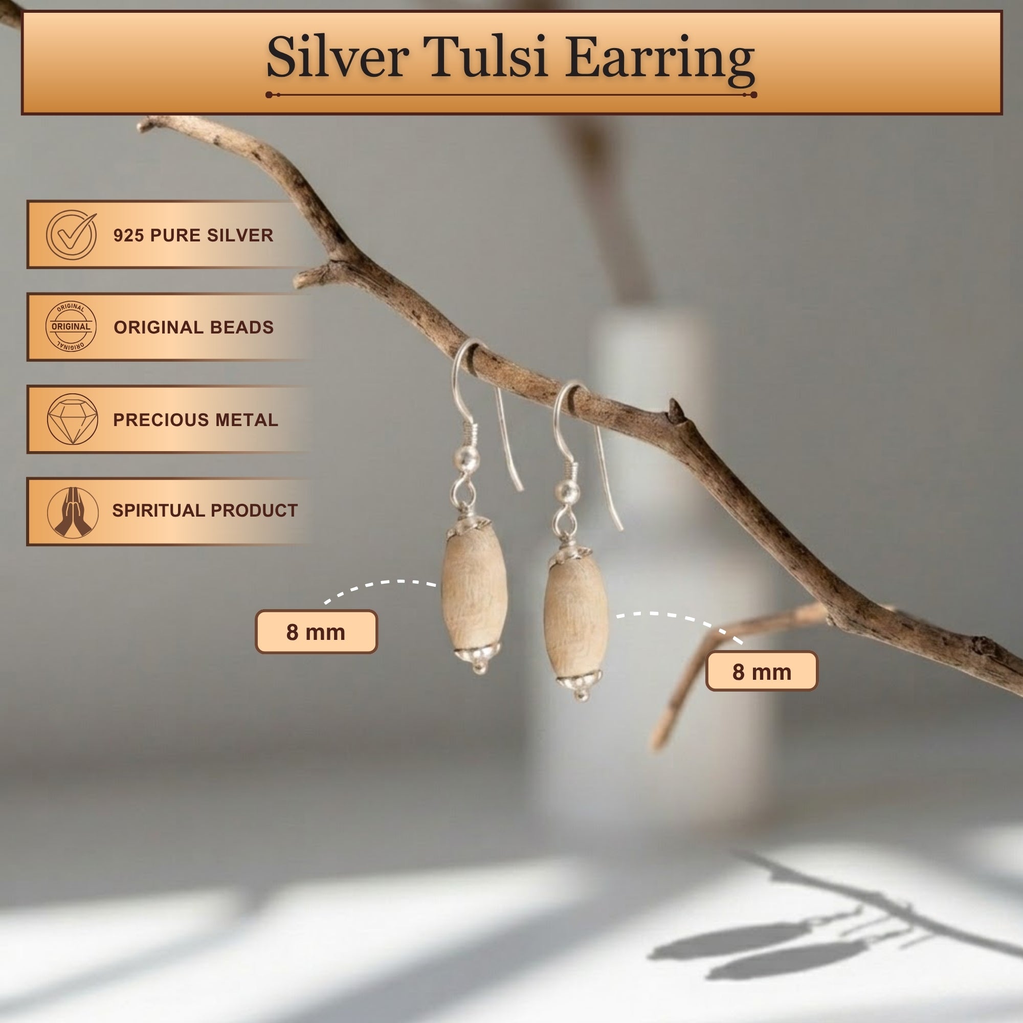 Length and size dimensions of the pure silver and authentic oval Mathura Tulsi bead earrings