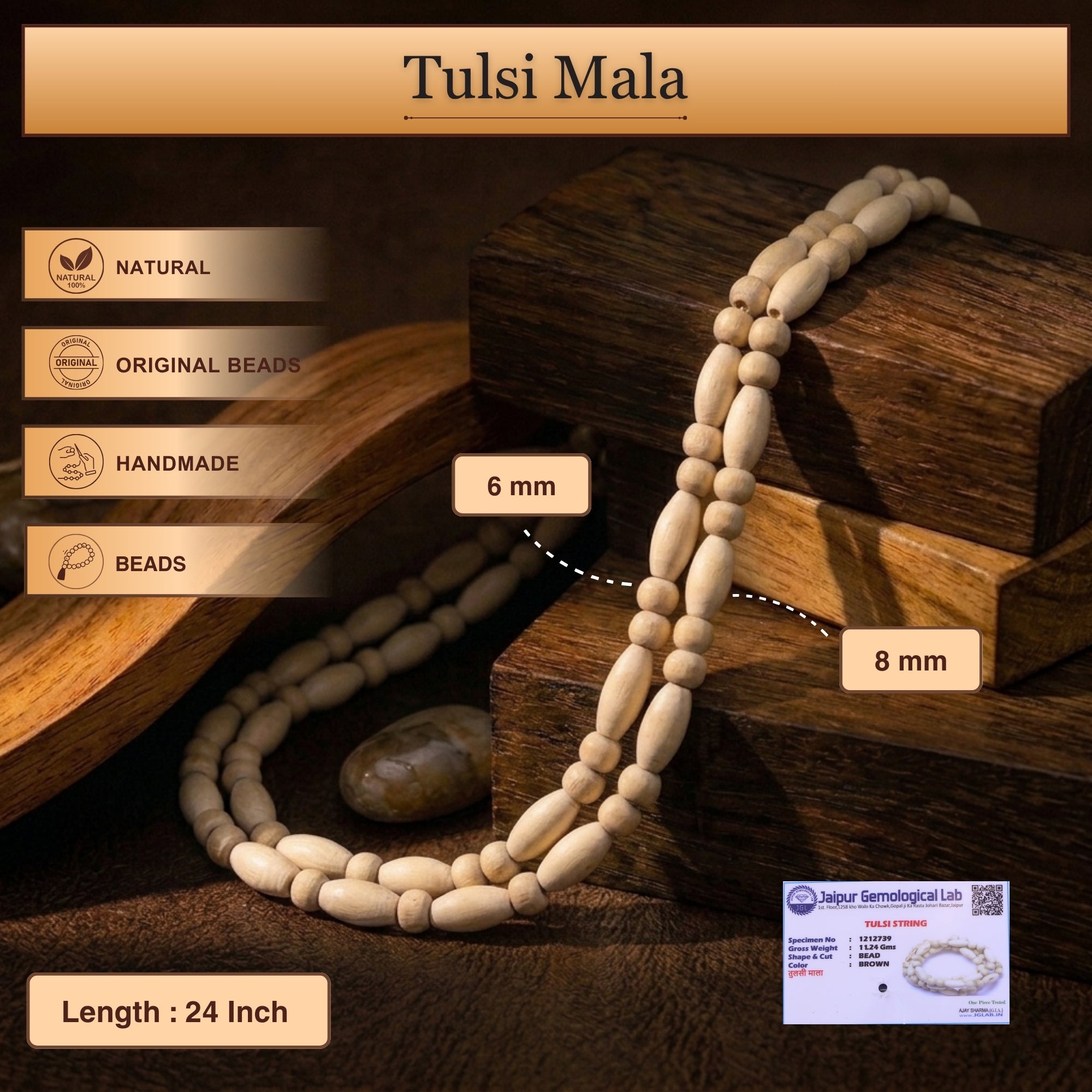 Length and bead size dimensions of the authentic oval shaped Tulsi wood kanthi mala