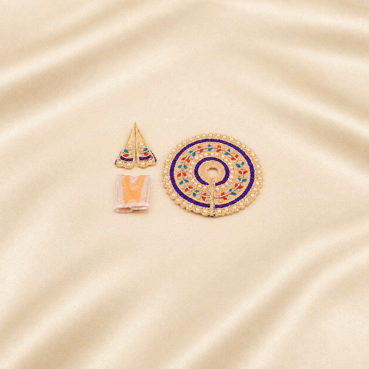Peach and blue embroidered Laddu Gopal dress set with patka and mukut