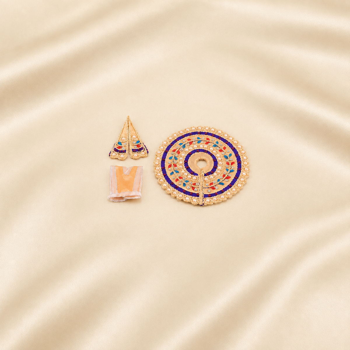 Peach and blue embroidered Laddu Gopal dress set with patka and mukut