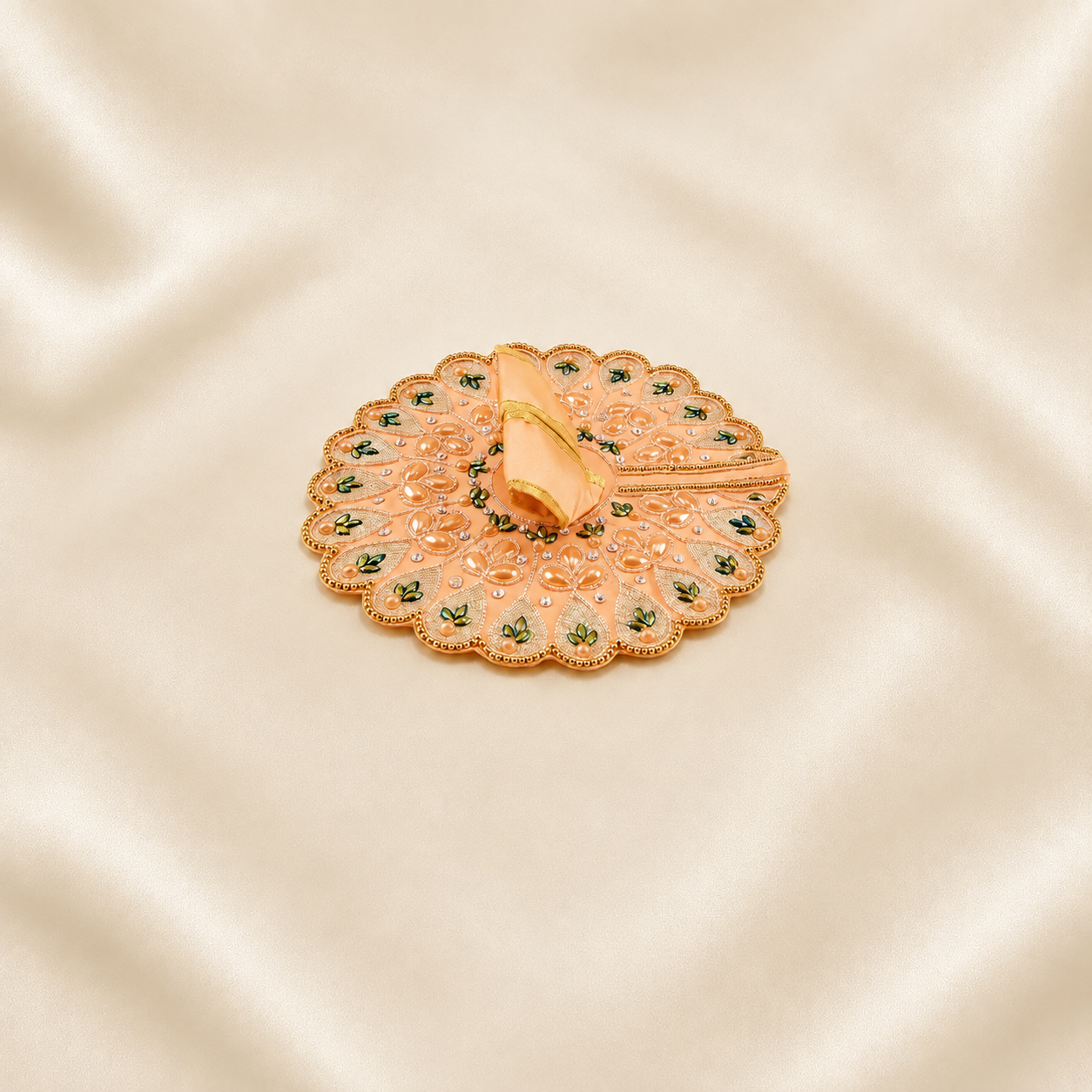 Peach Laddu Gopal dress with green floral embroidery and decorative stones