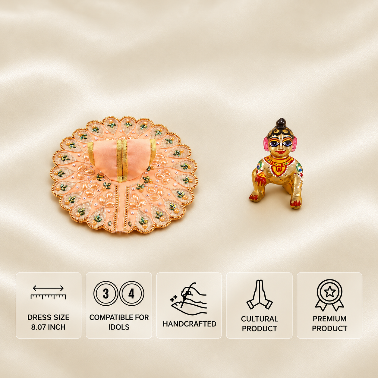 Peach Laddu Gopal dress for 3 and 4 number idols with floral embroidery, decorative stones and golden border.