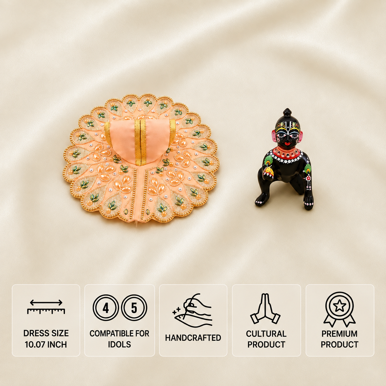 Peach handcrafted Laddu Gopal dress for 4 and 5 number idols with floral embroidery and decorative stones.