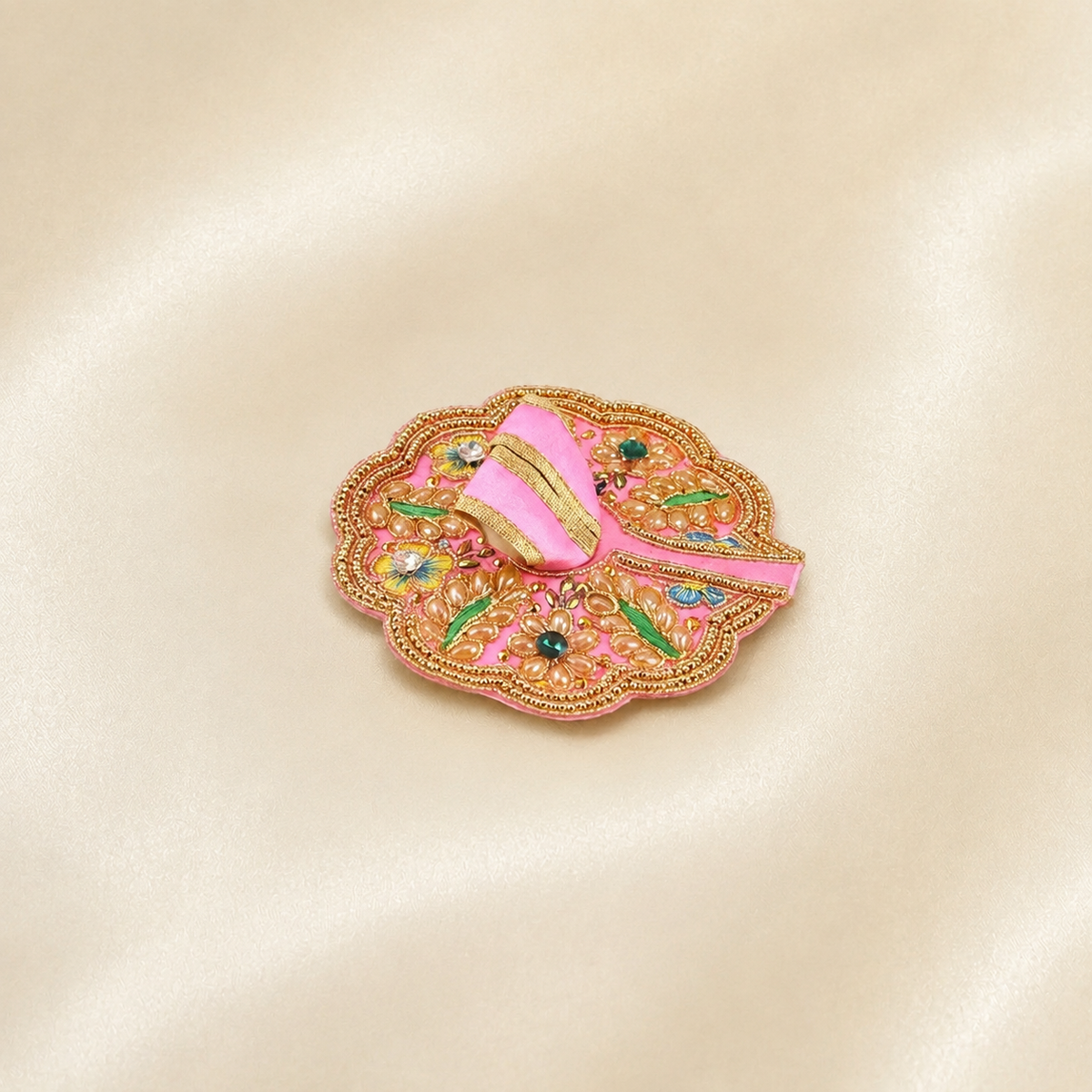 Pink floral embroidered Laddu Gopal dress with gold border, pearl embellishments and matching top piece