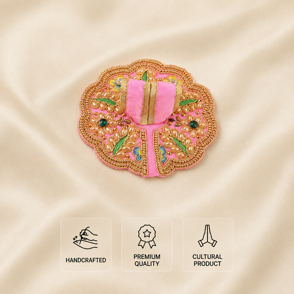 Pink handcrafted Laddu Gopal dress with gold border, floral embroidery, pearls and green stone detailing