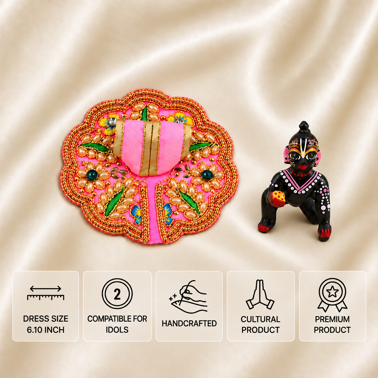 Pink floral pearl-work Laddu Gopal dress with painted 2 number idol, 6.10-inch dress size