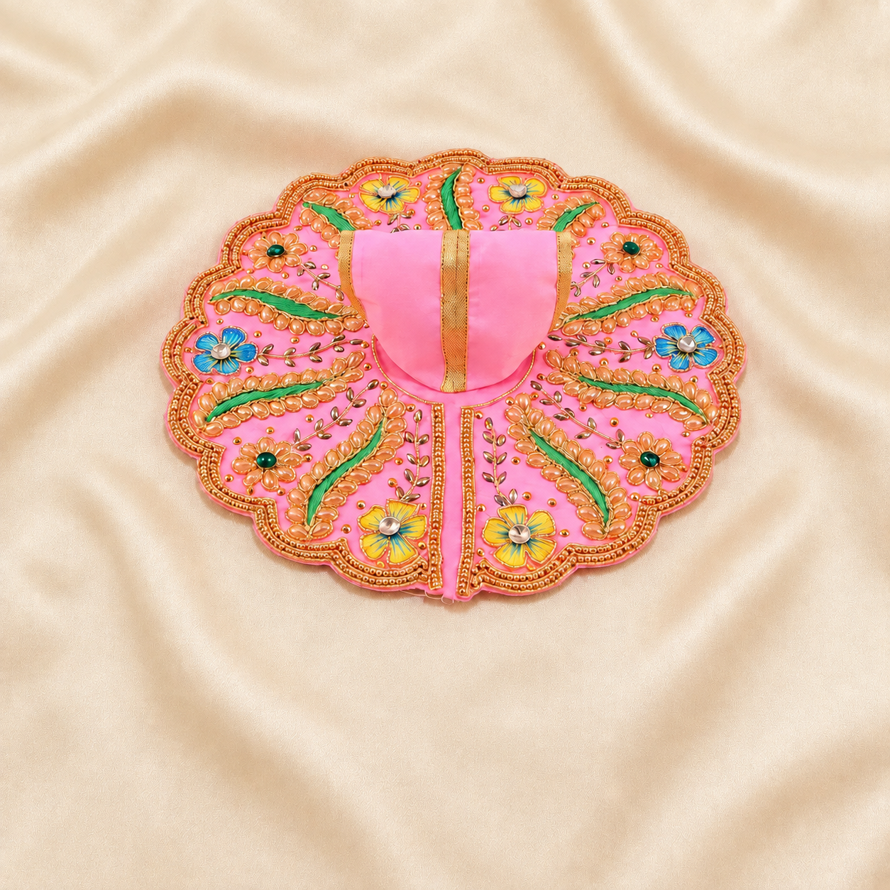 Pink Laddu Gopal dress with multicolour floral embroidery and golden border.