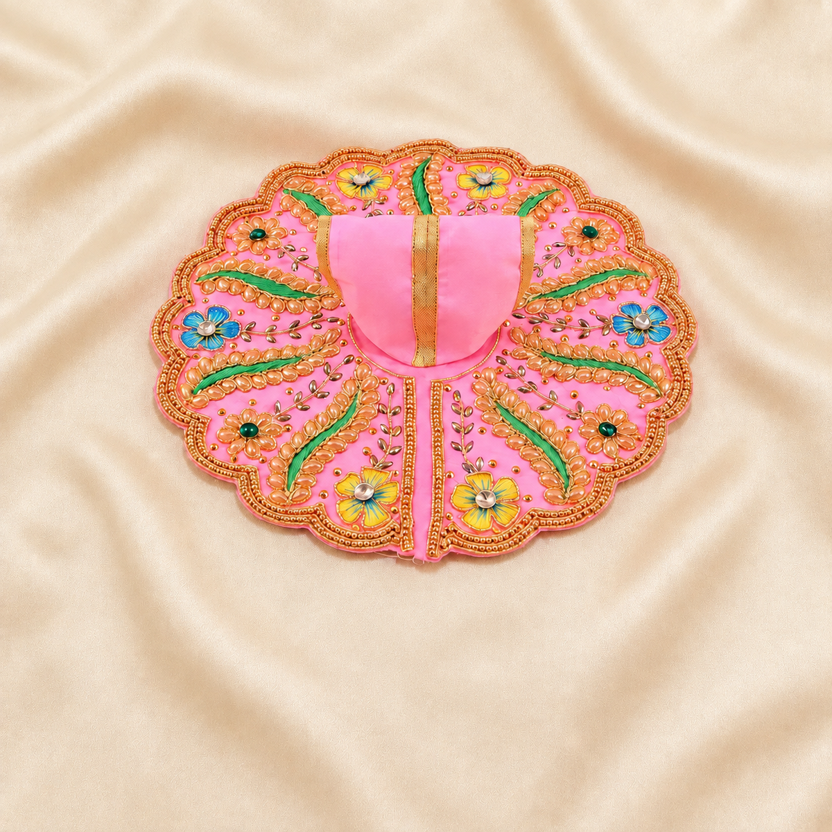 Pink Laddu Gopal dress with multicolour floral embroidery and golden border.