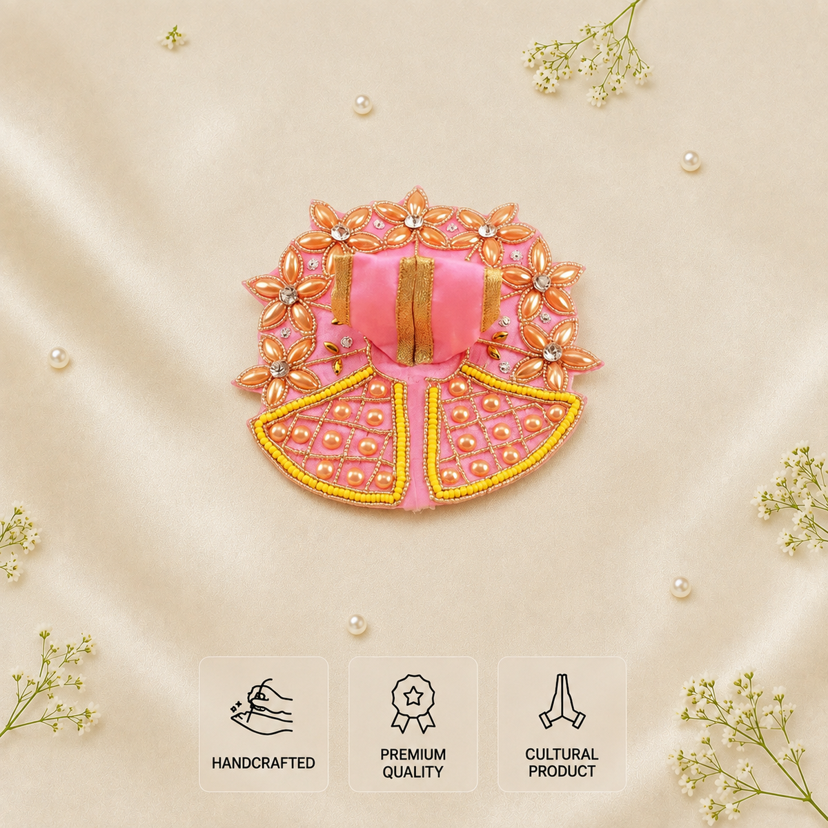 Pink Laddu Gopal dress with floral stones, peach pearls, yellow beadwork and handcrafted, premium-quality cultural product feature cards.