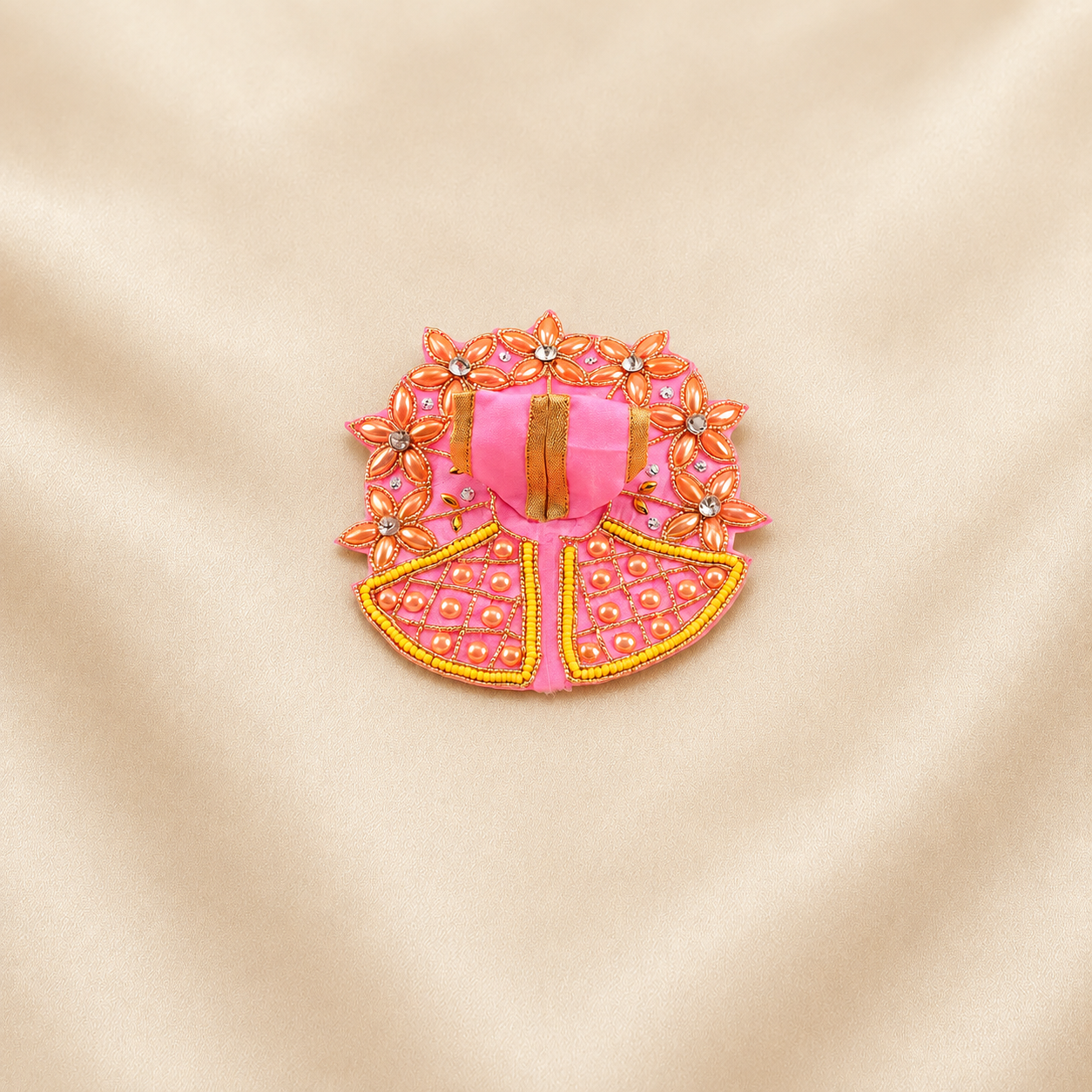 Pink floral pearl-work Laddu Gopal dress with golden detailing