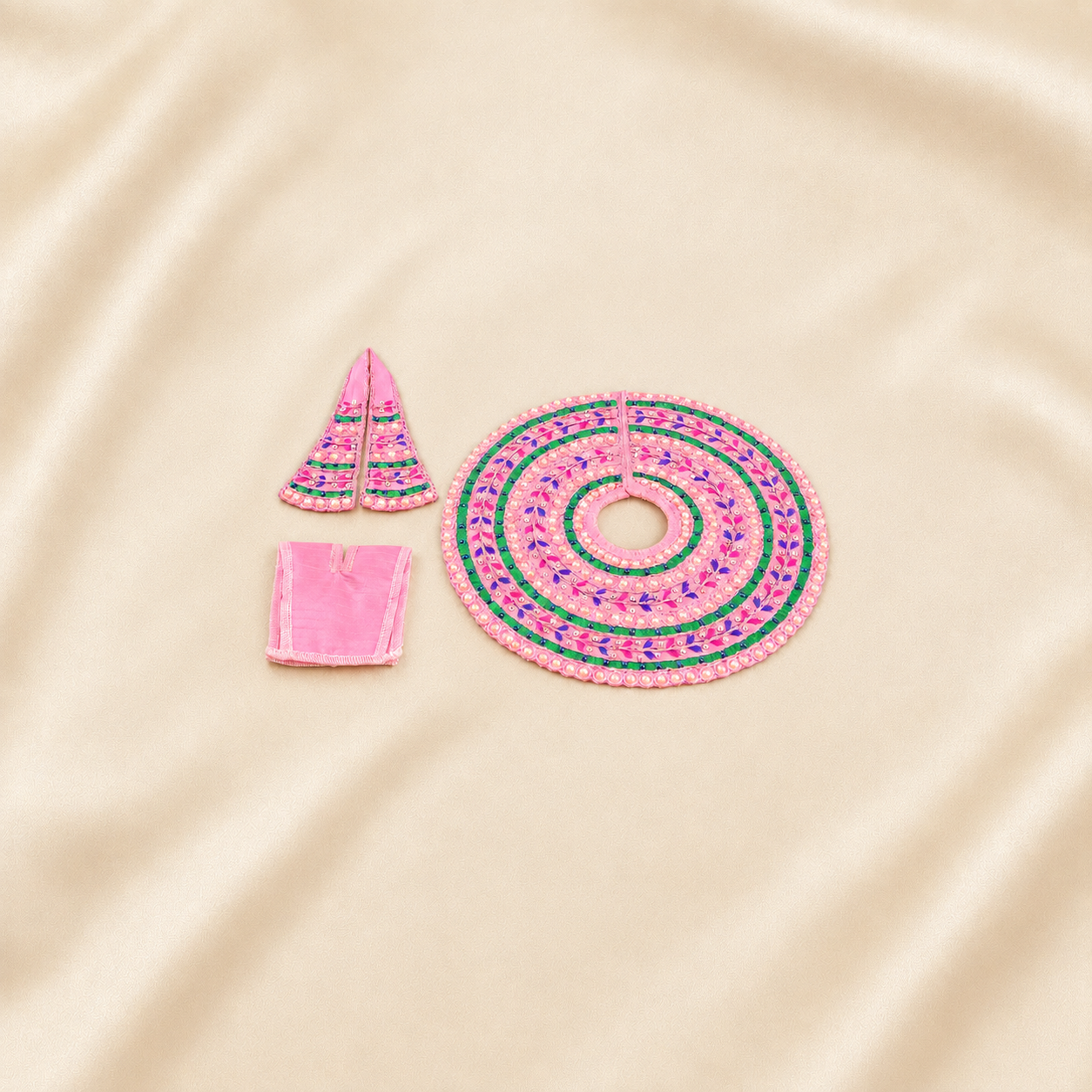 Pink and green embroidered Laddu Gopal dress set with matching mukut and patka