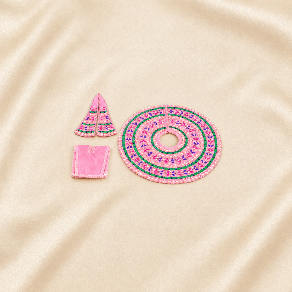 Pink and green embroidered Laddu Gopal dress set with matching mukut and patka