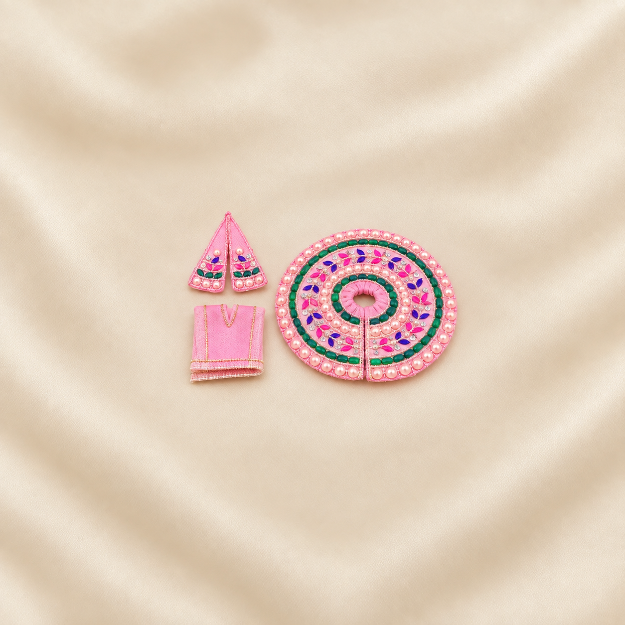 Pink and green embroidered Laddu Gopal poshak set with mukut and patka