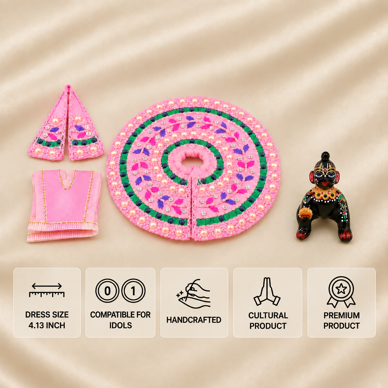 Pink and green pearl-work Laddu Gopal dress set with mukut and patka for 0 and 1 number idols