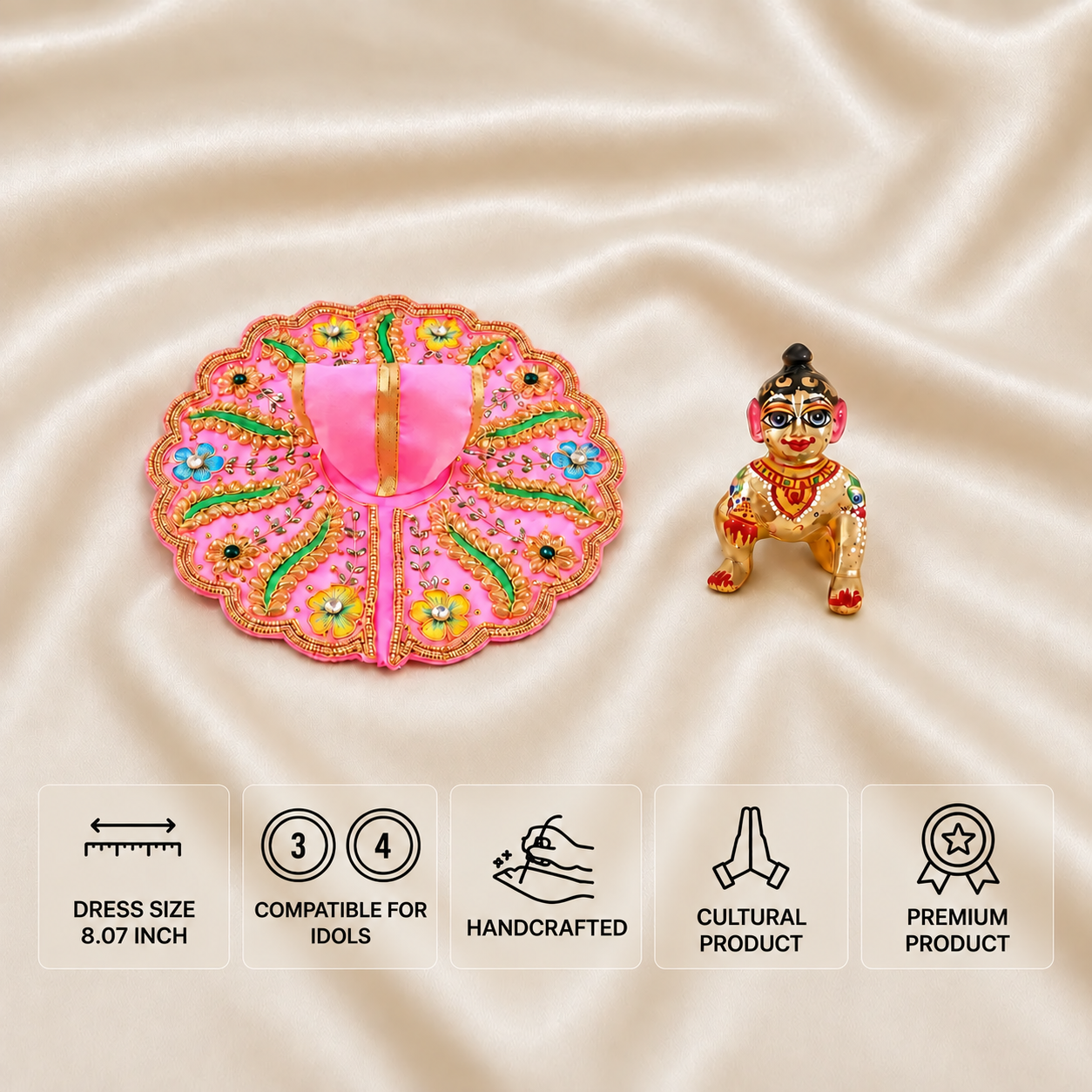 Pink handcrafted Laddu Gopal dress for 3 and 4 number idols with colourful floral embroidery, green leaves and golden detailing.
