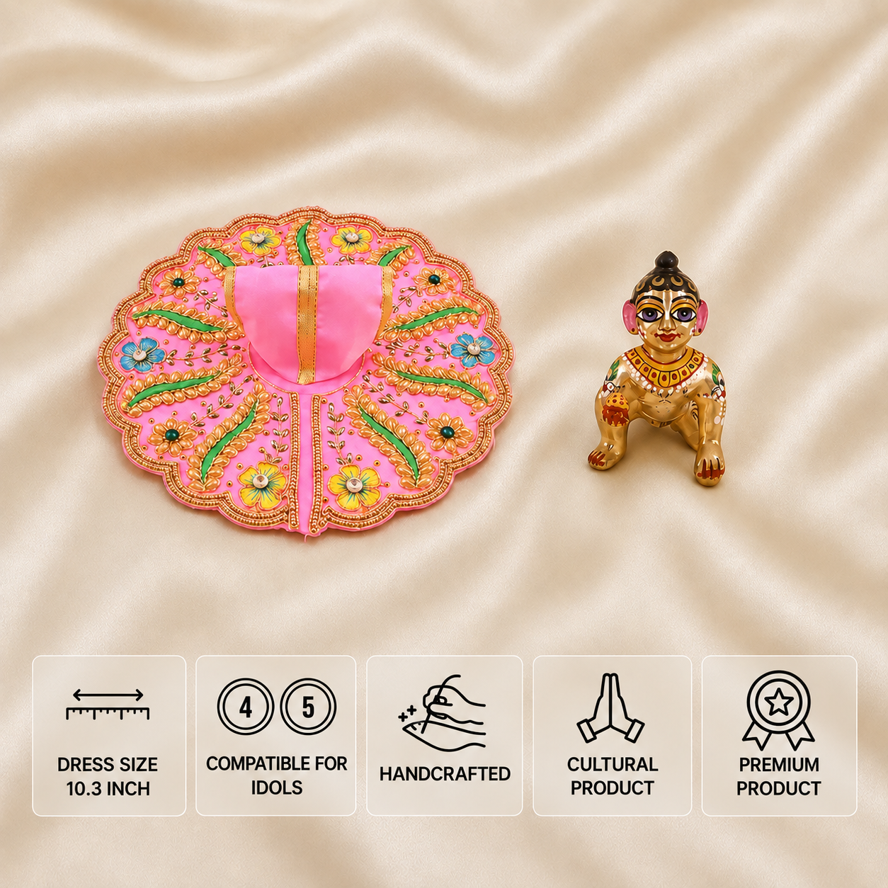 Pink handcrafted Laddu Gopal dress for 4 and 5 number idols with colourful floral embroidery, green leaves and golden detailing.