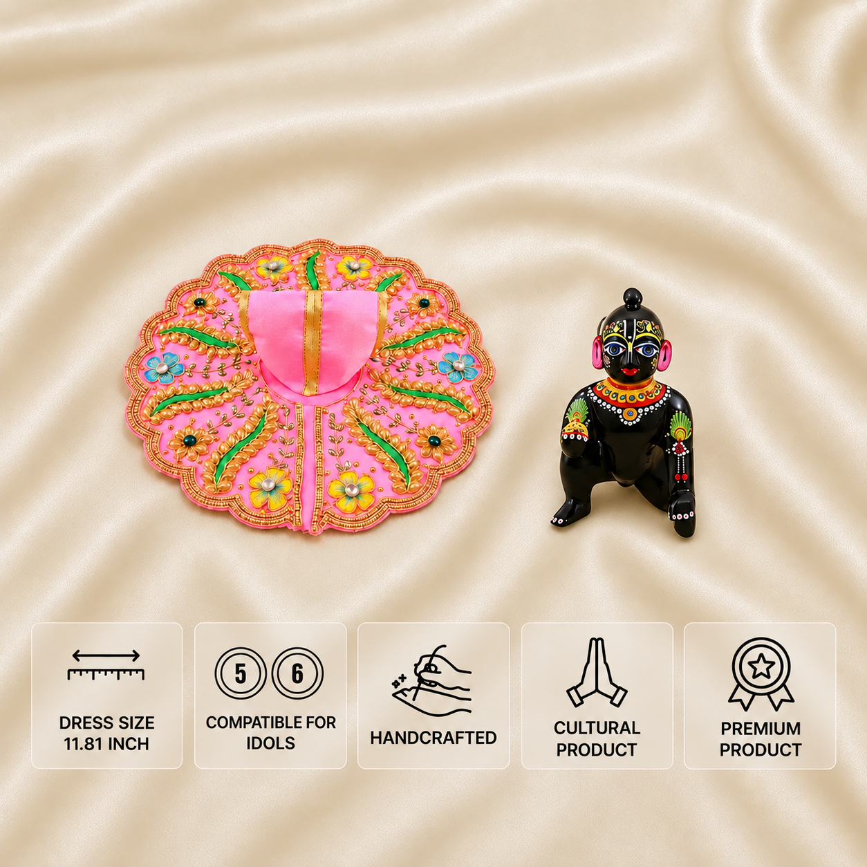 Pink handcrafted Laddu Gopal dress for 5 and 6 number idols with colourful floral and golden embroidery.