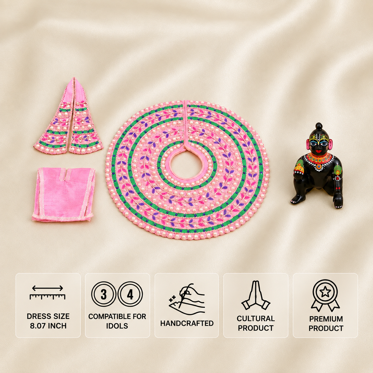 Pink Laddu Gopal poshak set for 3 and 4 number idols with multicolour leaf embroidery and pearl border.