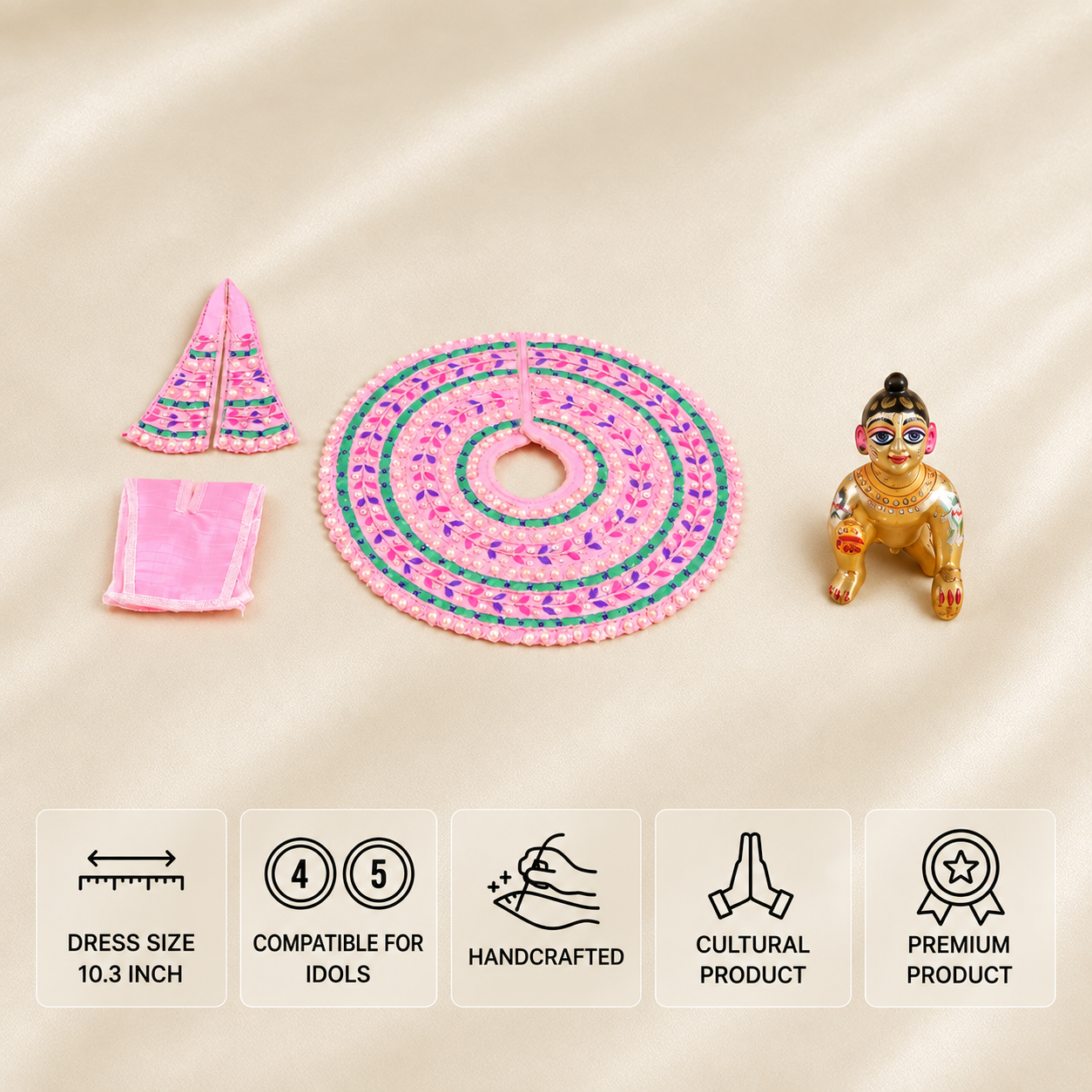Pink Laddu Gopal poshak set for 4 and 5 number idols with multicolour leaf embroidery and pearl border.