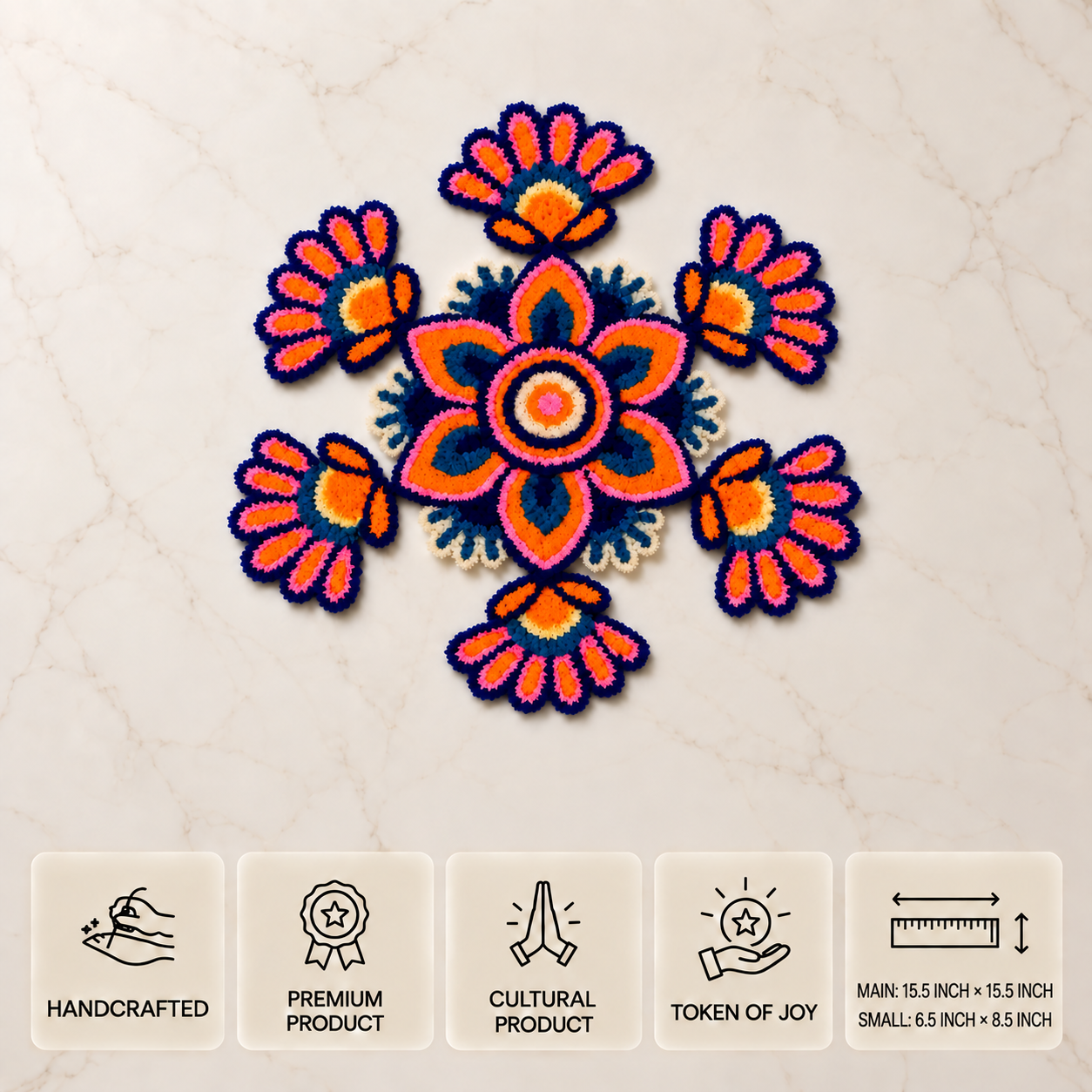 Pink and orange door rangoli with white and yellow accents, dimensions.