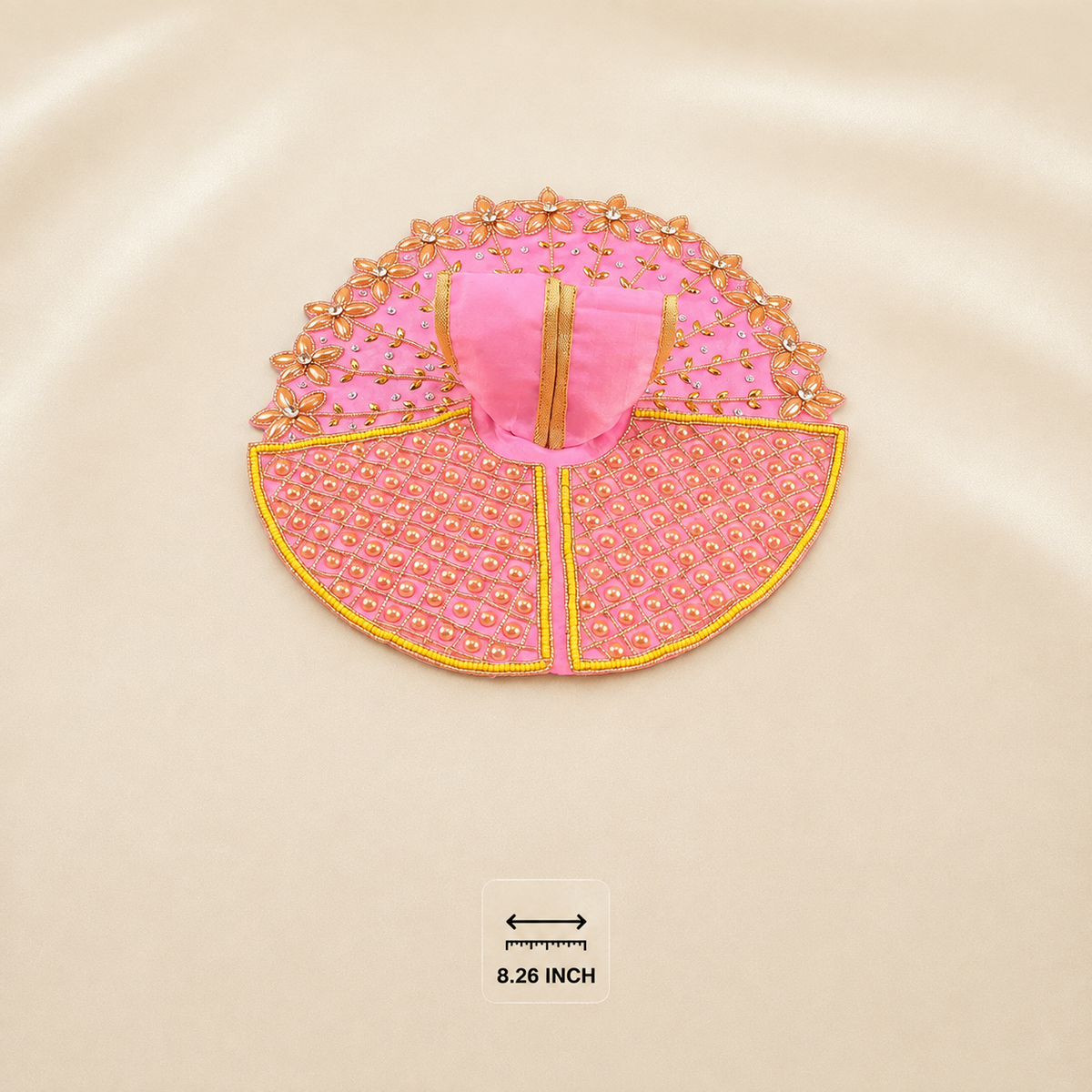 Pink Laddu Gopal poshak with pearl lattice panels, peach floral border, gold leaf embroidery and yellow beadwork