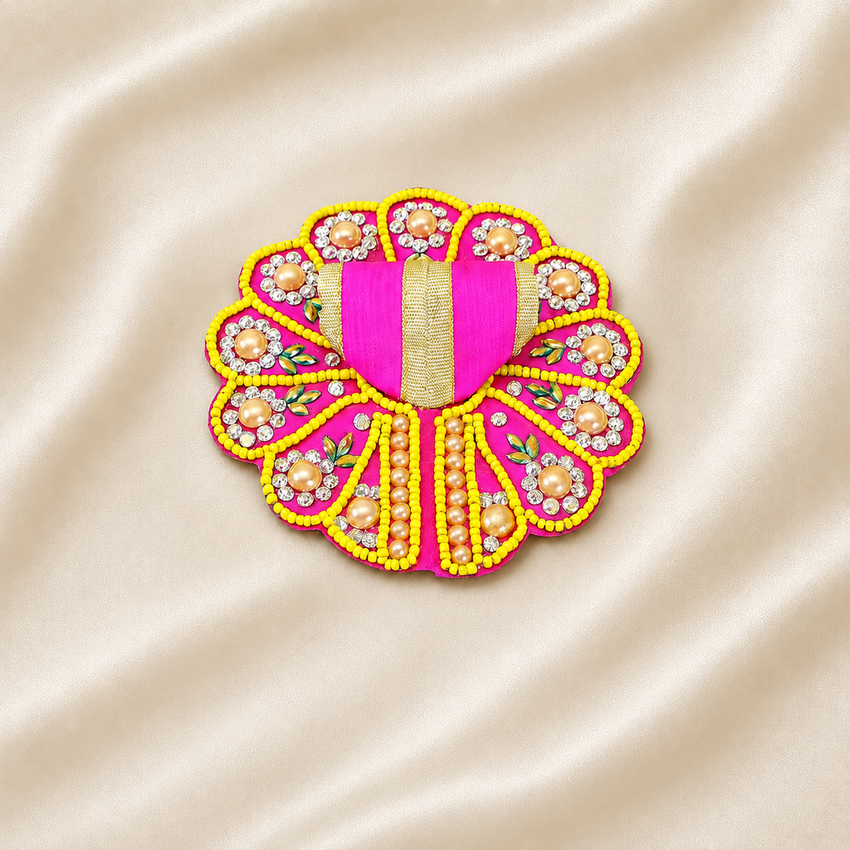 Pink Laddu Gopal poshak with pearl flowers, yellow beadwork and golden detailing
