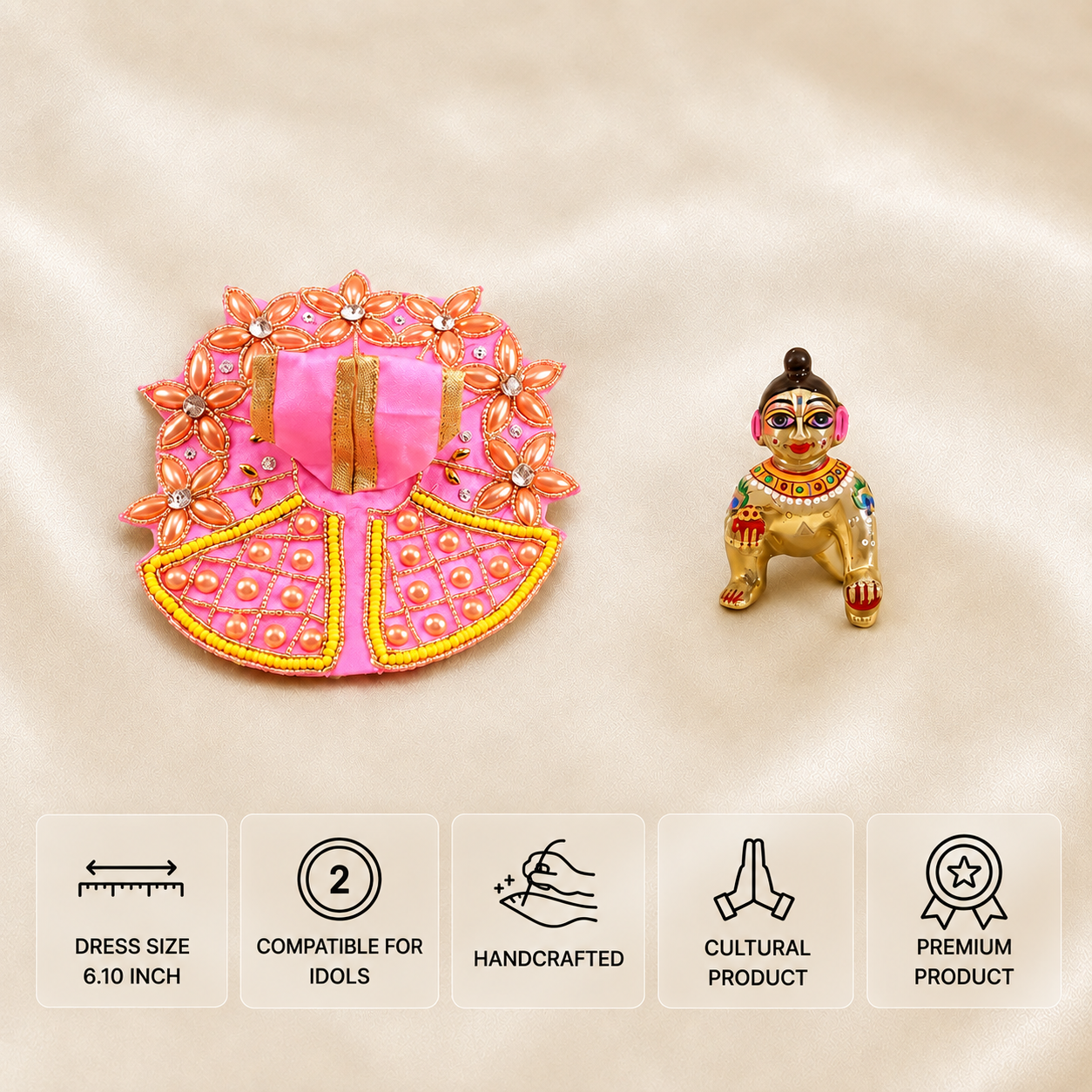 Pink pearl-work Laddu Gopal dress with black 2 number idol, 6.10-inch dress size