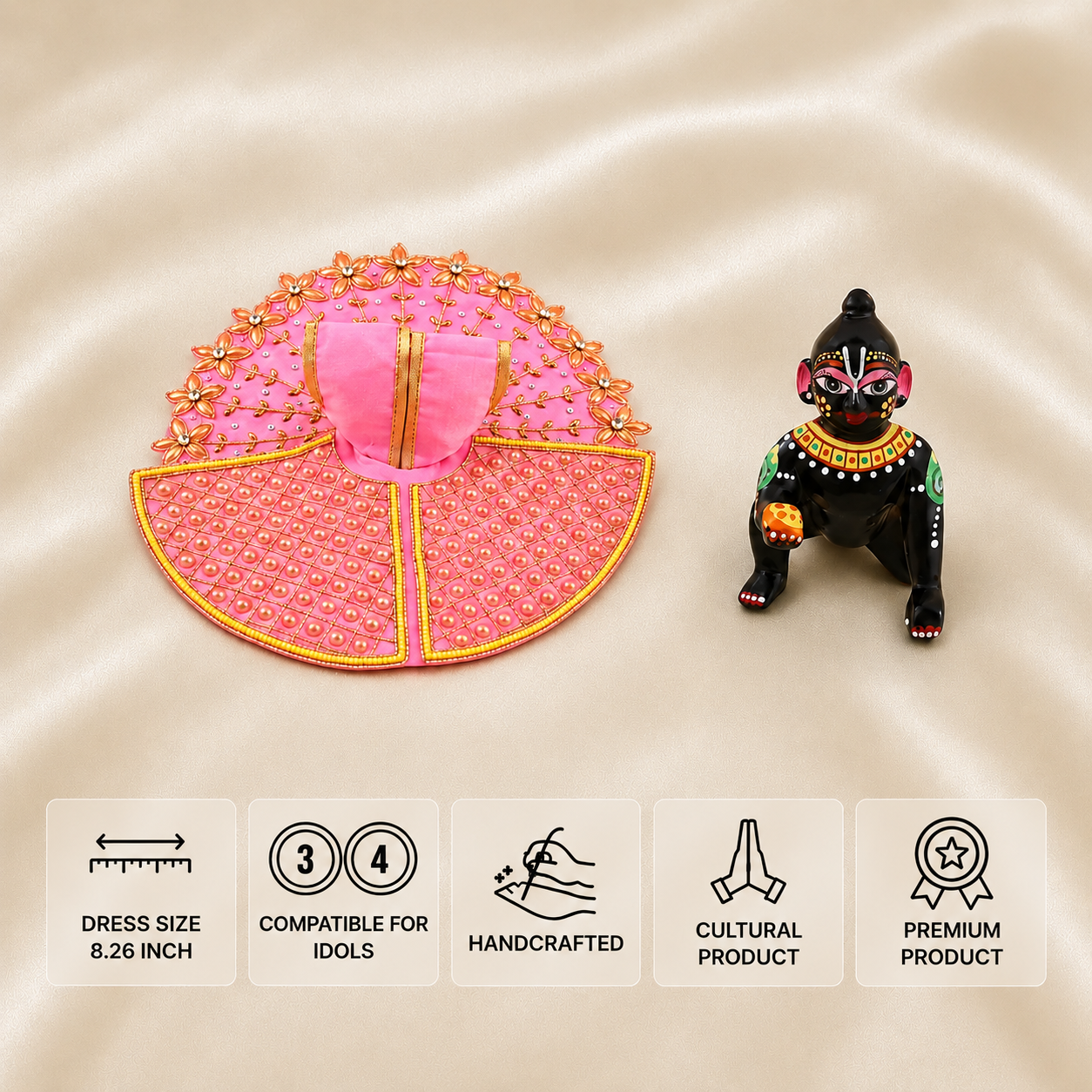 Pink Laddu Gopal dress for 3 and 4 number idols with pearl work, floral embroidery and golden detailing.