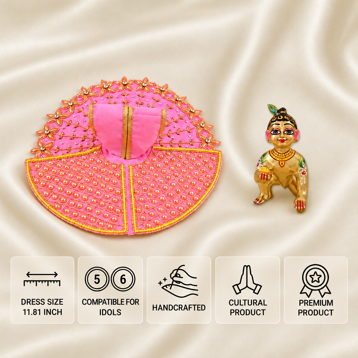 Pink Laddu Gopal dress for 5 and 6 number idols with pearl work, floral embroidery and painted idol.
