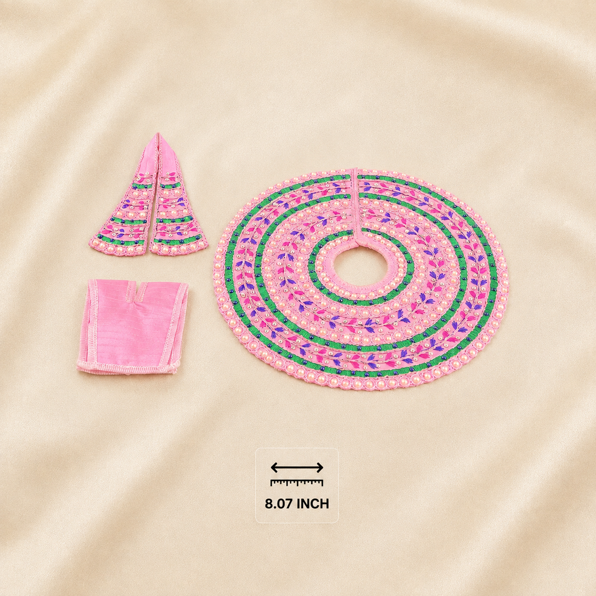Pink 8.07-inch Laddu Gopal dress set with pearl borders, green embroidered bands, purple leaf motifs and matching accessories