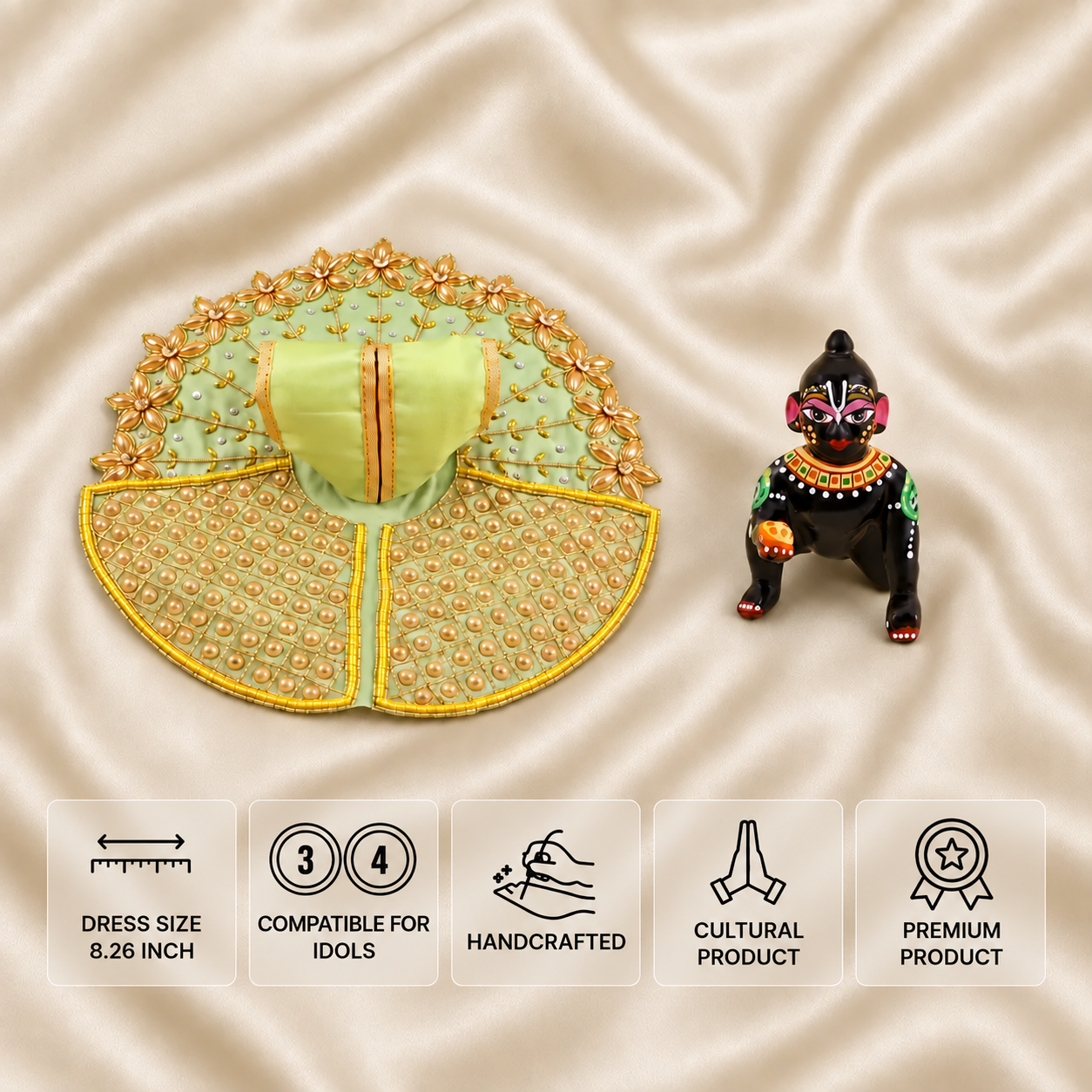 Pista green handcrafted Laddu Gopal dress for 3 and 4 number idols with pearl work and golden floral detailing.