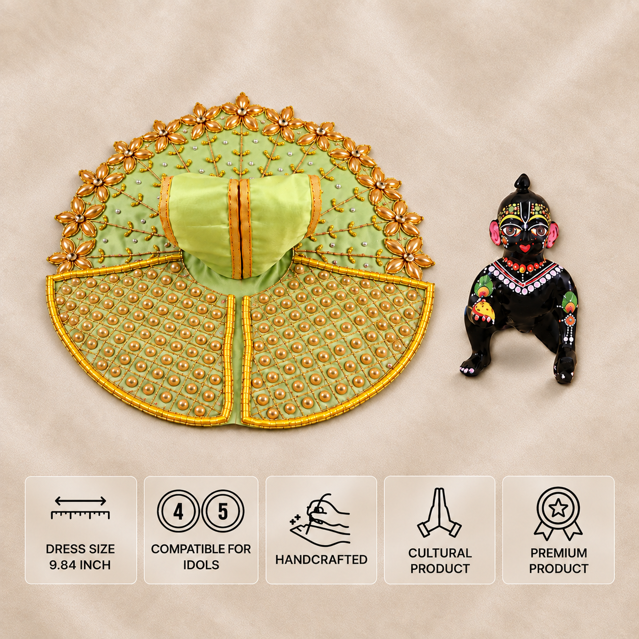 Pista green handcrafted Laddu Gopal dress for 4 and 5 number idols with pearl work and golden floral detailing.