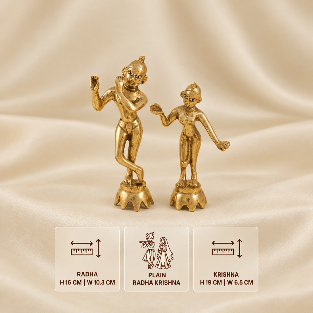 Plain golden Radha Krishna idol set, Krishna 19 × 6.5 cm and Radha 16 × 10.3 cm.