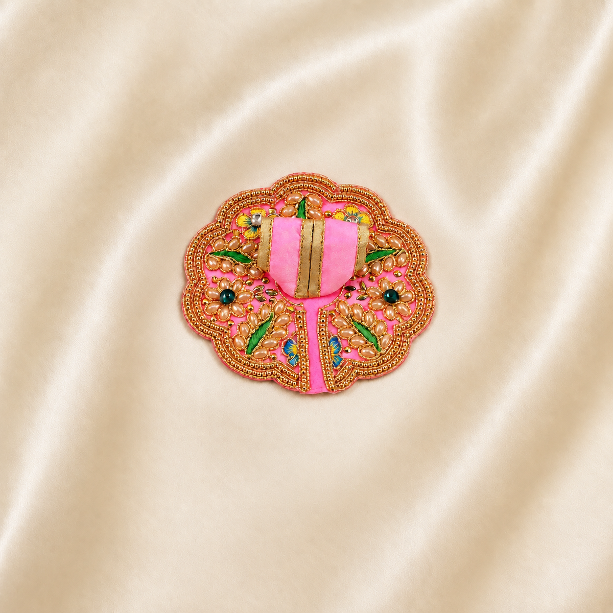Pink Laddu Gopal dress with floral embroidery, pearls and green stone accents