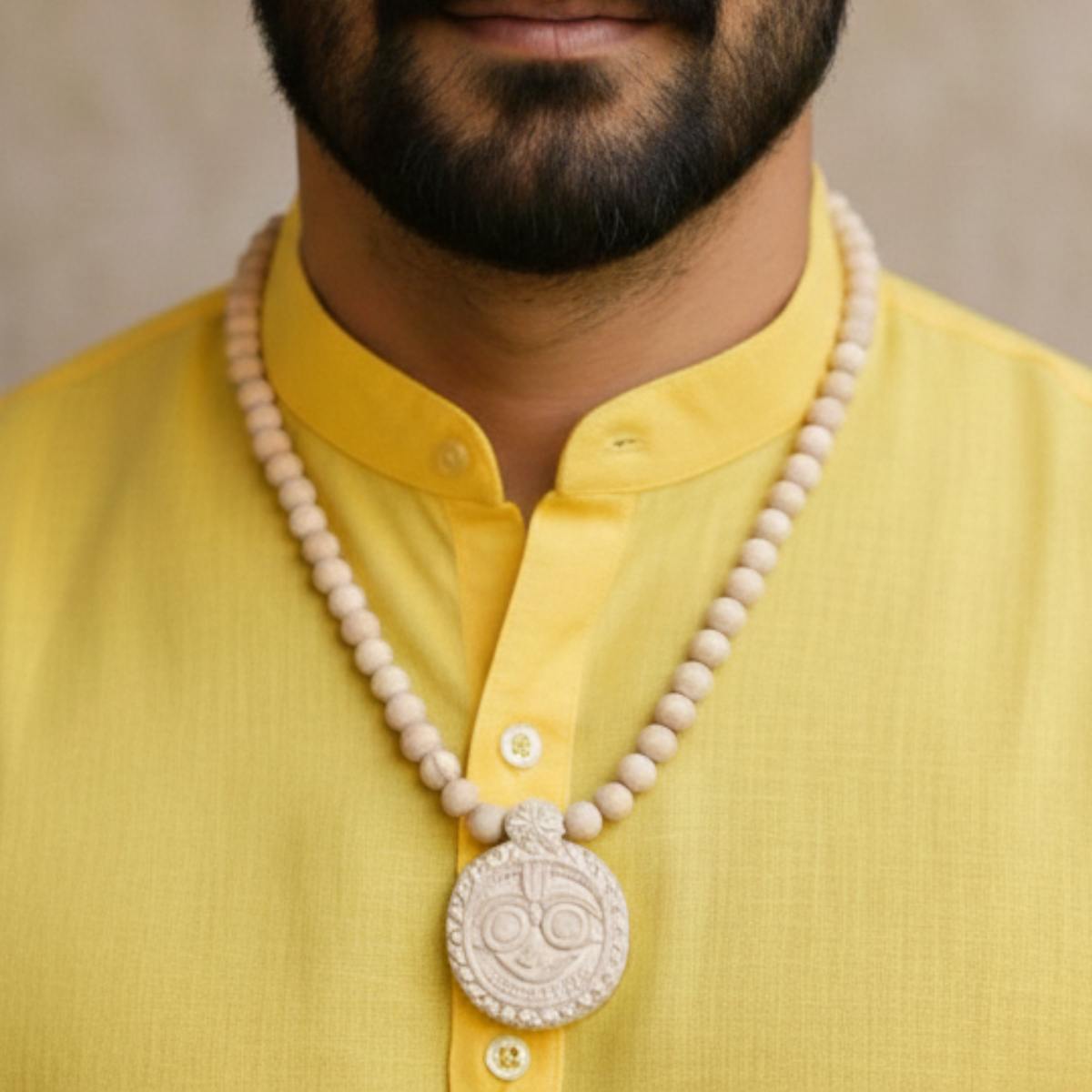 Man wearing a premium pure Tulsi kanthi mala with an intricately hand-carved Jagannath Ji pendant