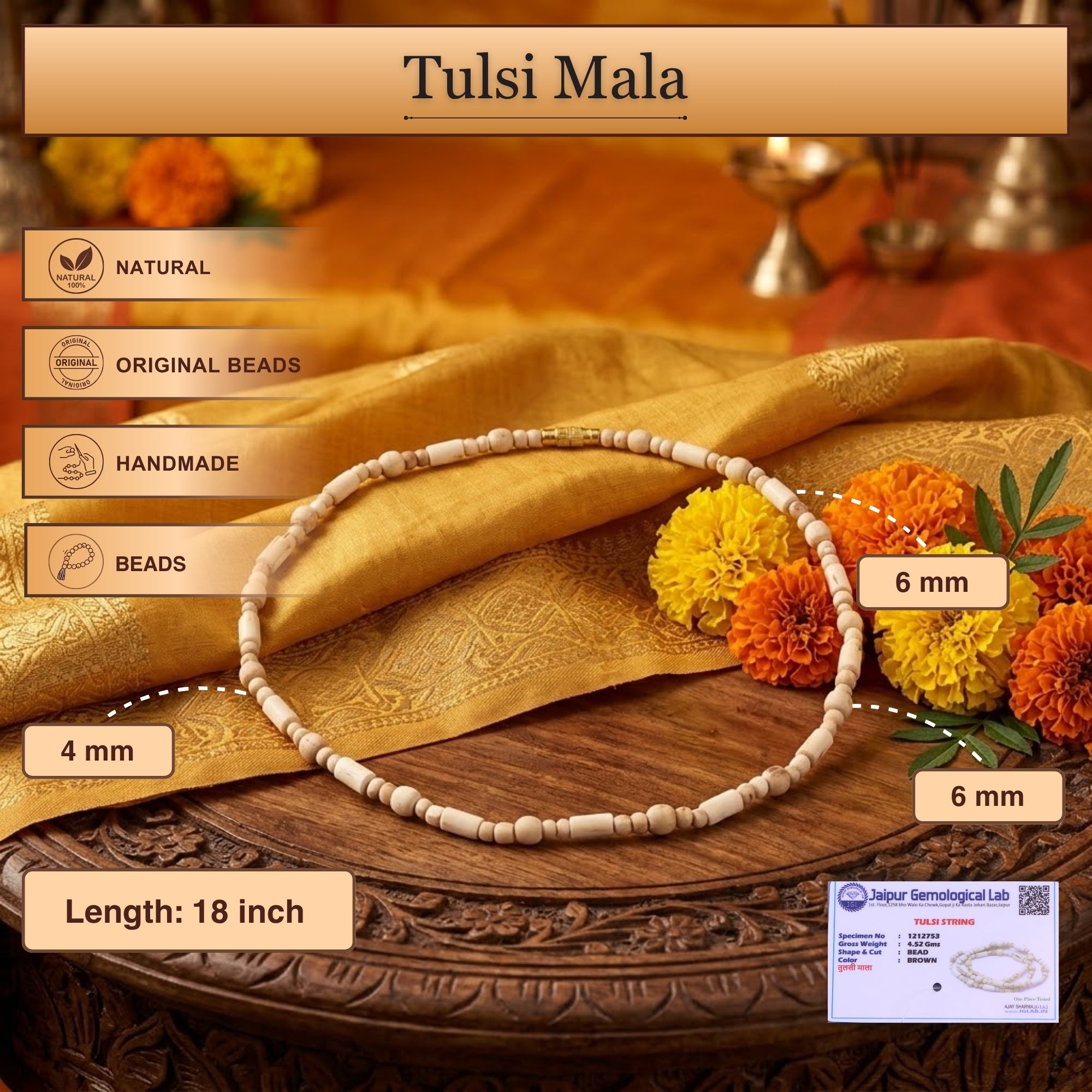 Size and material details of the premium fine cut Tulsi kanthi mala