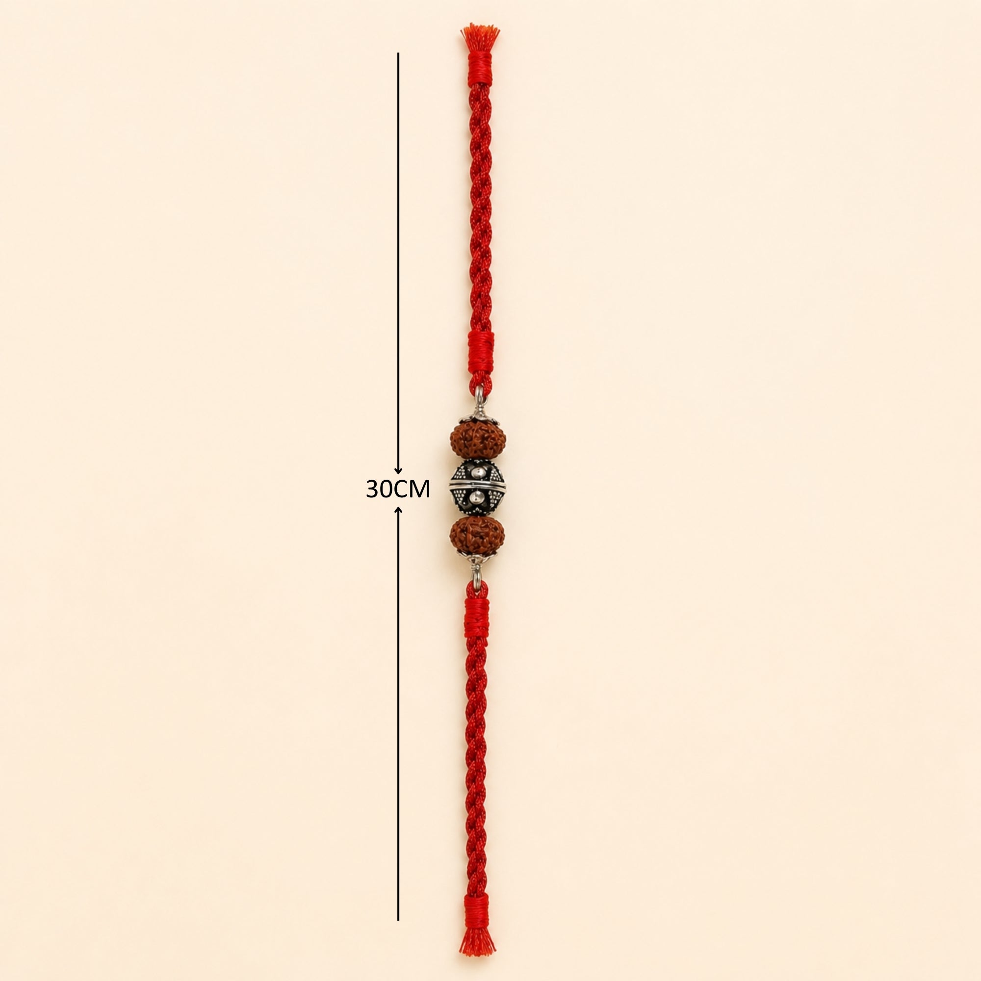 Full length layout showing red thread length and dimensions of premium 925 silver Rudraksha designer rakhi