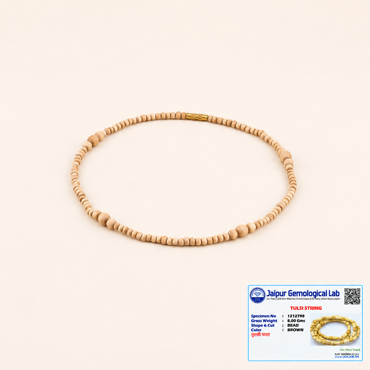 Pure original Tulsi Mala with natural handmade Tulsi beads displayed on a plain background with certification card.