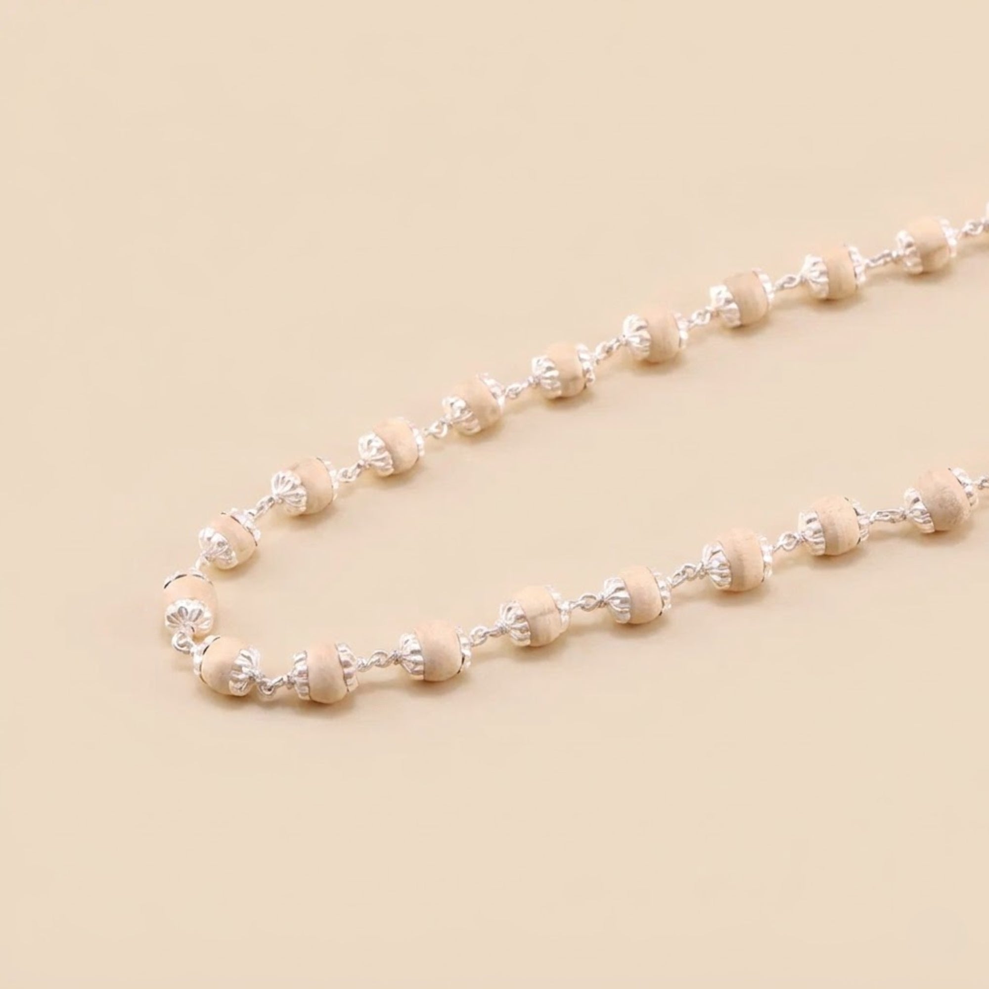 pure silver Tulsi bead necklace featuring natural wood beads