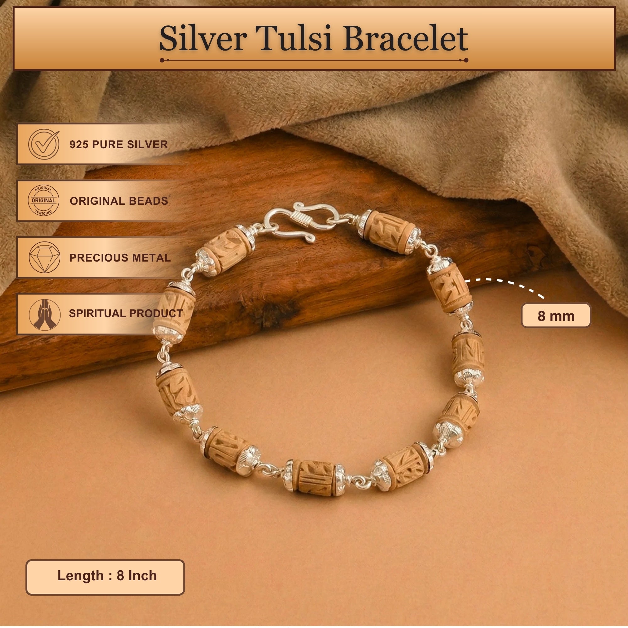 Size and length dimensions of the pure silver and carved original Tulsi bead bracelet