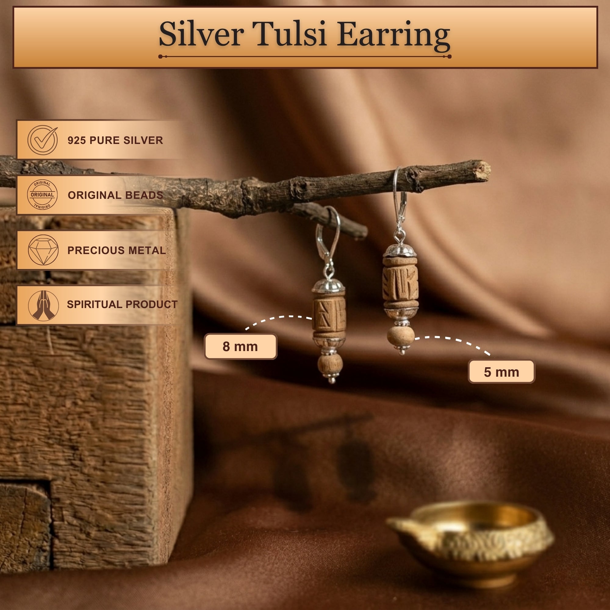 Length and size dimensions of the pure silver and carved authentic Tulsi bead earrings