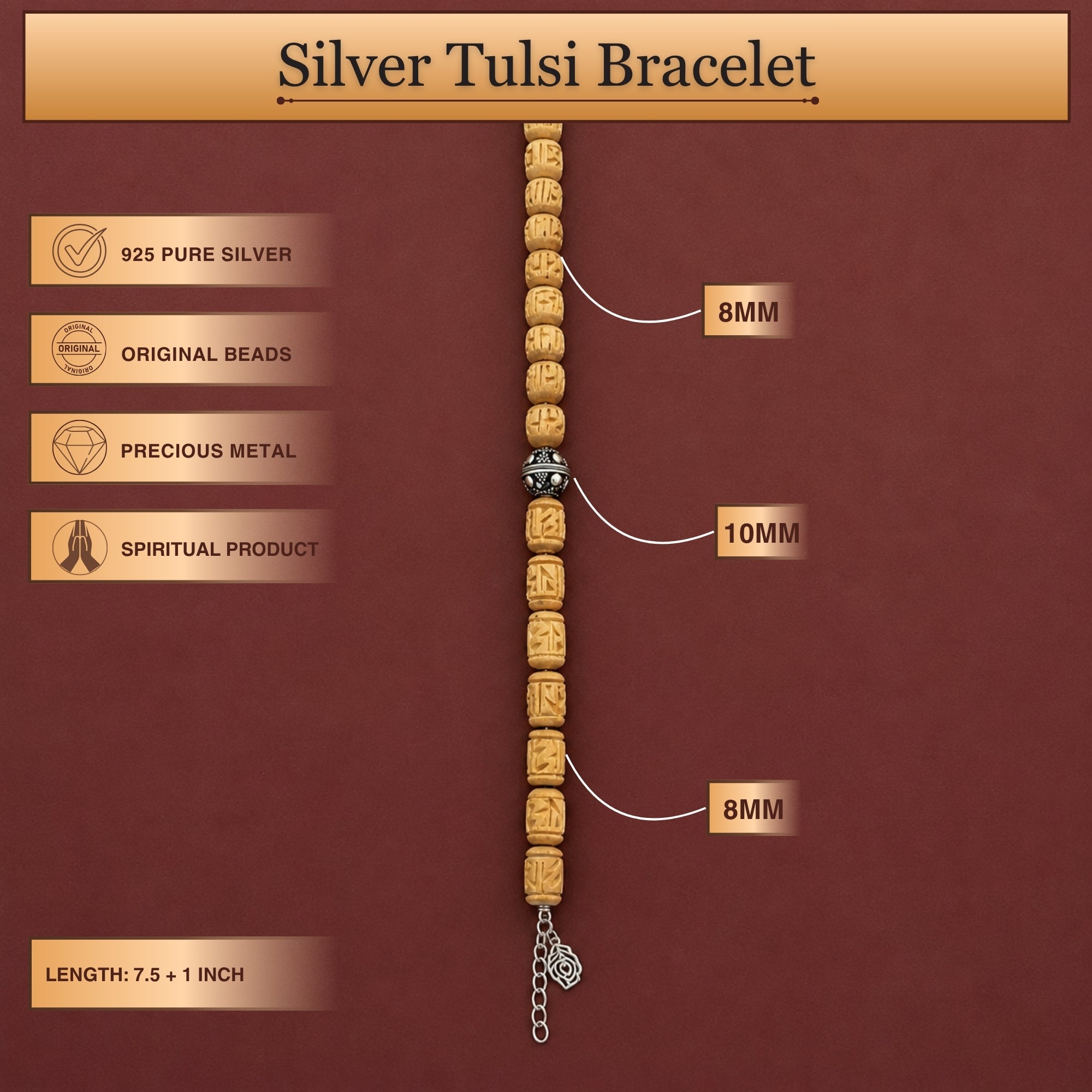 Size and length dimensions of the pure silver and authentic Tulsi bead bracelet