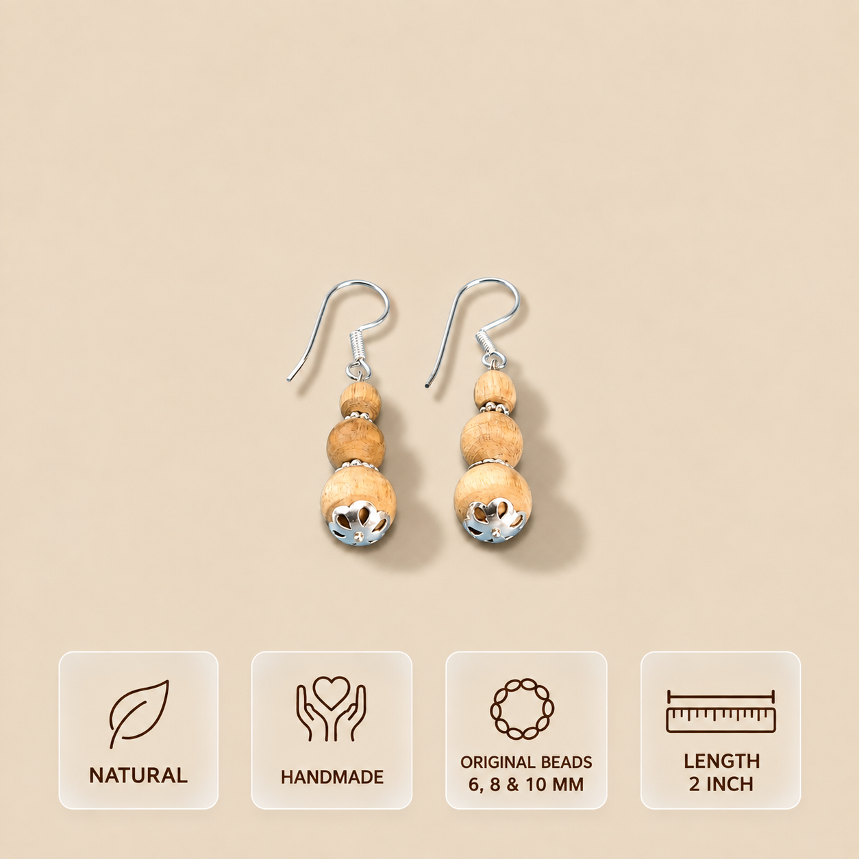 Pure silver Tulsi earrings handmade with original 6 mm, 8 mm and 10 mm natural Tulsi beads, 2 inch length