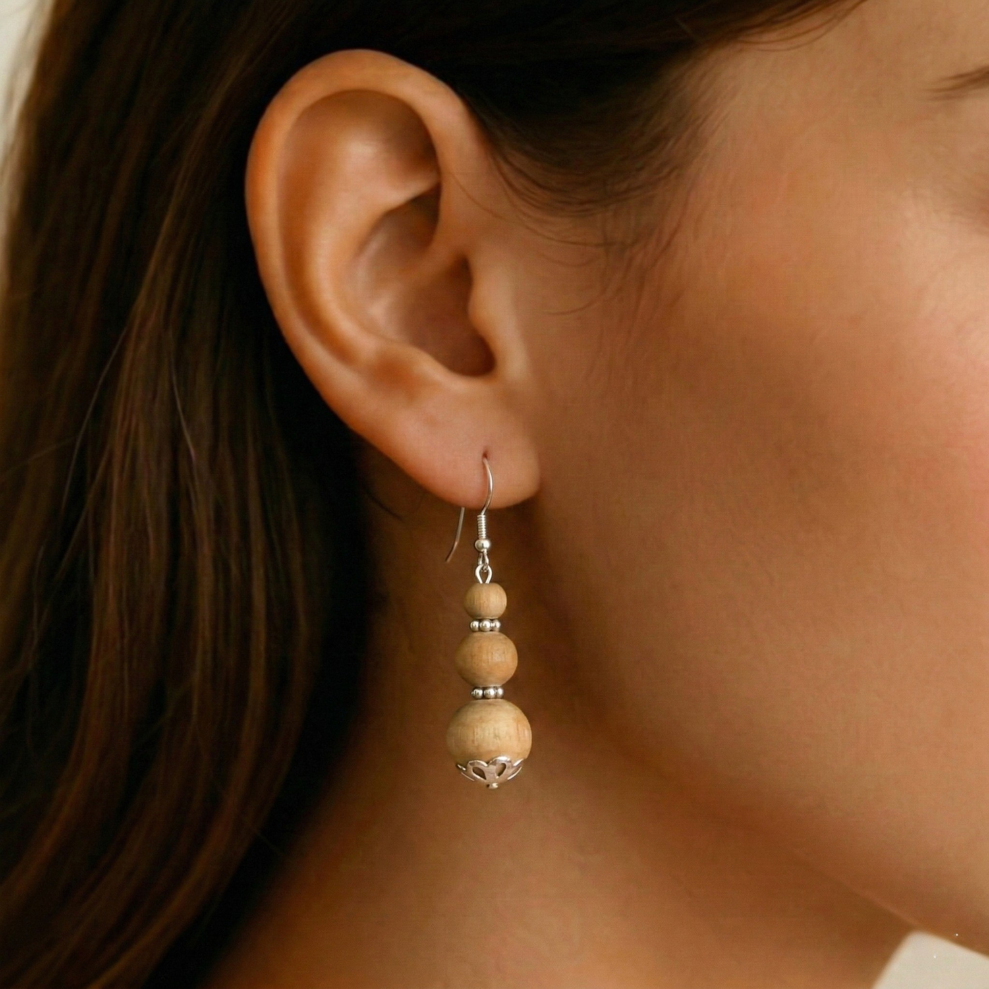 pure silver earrings made with authentic Tulsi wood beads